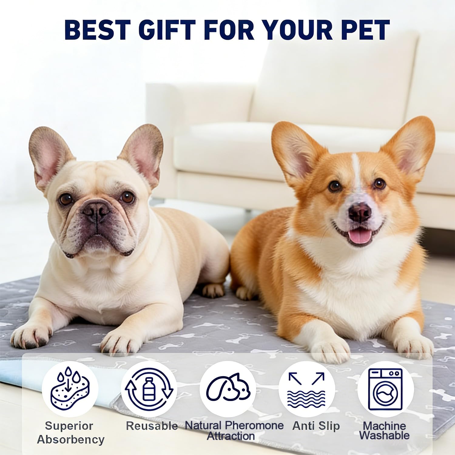 Puppy Pads with Pheromones, Washable Pee Pads for Dogs Potty Training, Reusable Dog Mat with Pet Hair Removal Gloves for Playpen, Crate, Whelping Box (Blue,M) — view 6
