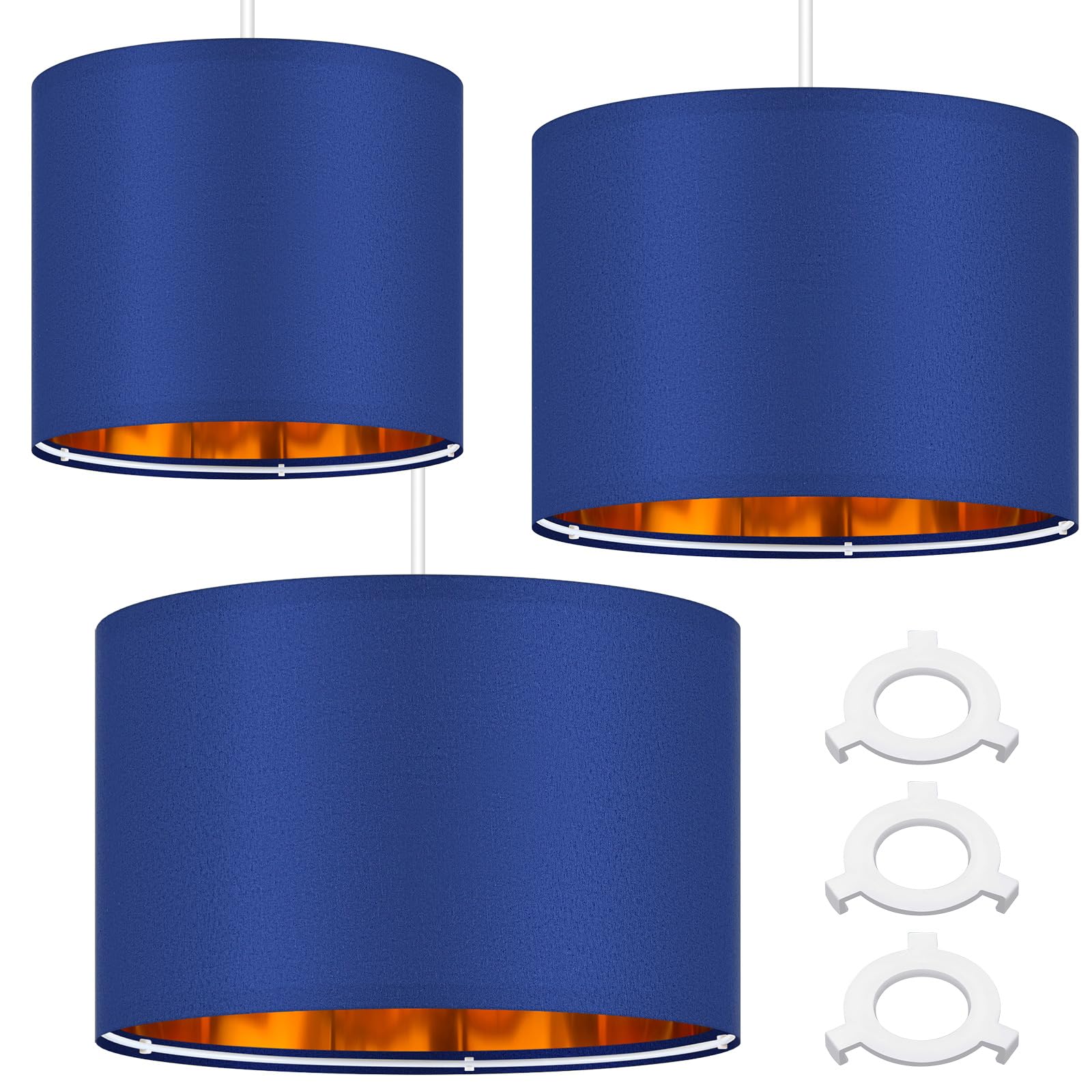 Weewooday 3 Pack Blue Lampshade for Ceiling Modern Golden Inner Drum Lamp Shade with E27 to E14 Lamp Shade Adapter Ring for Pendant Lights Table or Bedside Floor Lights