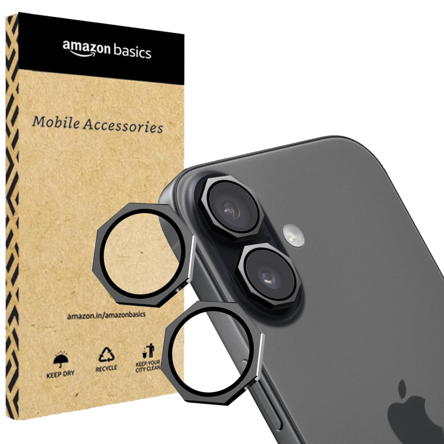 amazon basics Hexa Camera Glass Lens Protector Ring for iPhone 17, Football Ring, Case Friendly with Edge to Edge Coverage and Easy Installation (Black)