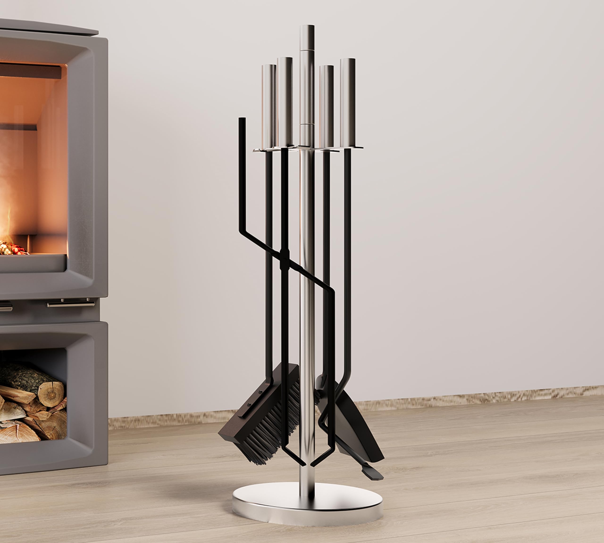 Kingson Set Moderno da 5 Pezzi per Camino – Manici e Supporto in Acciaio Inox – Include Spazzola, Attizzatoio, Pinze, Pala – Utensili in Ferro – Set di Attrezzi per Camino per Bruciatore a Legna