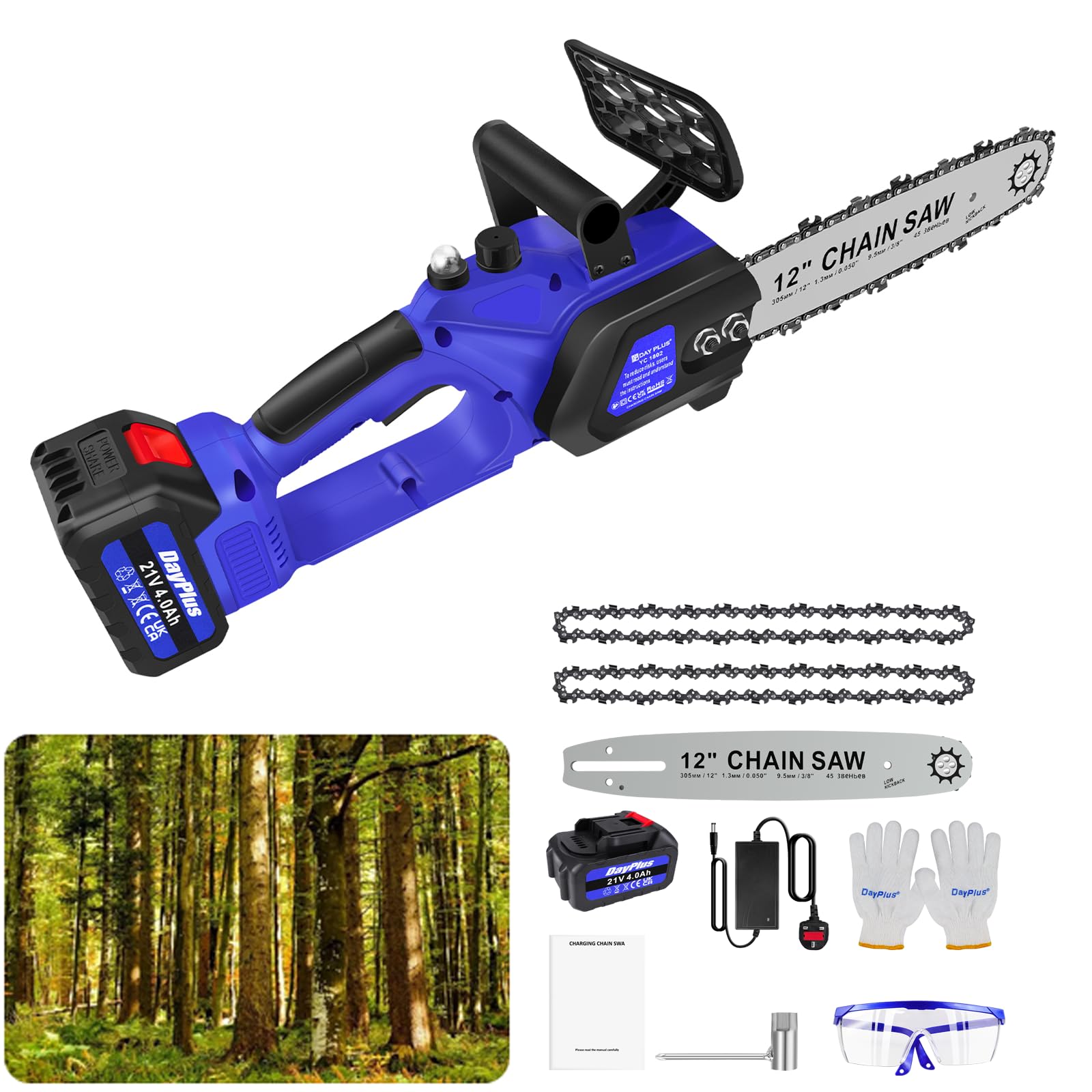 12inch Battery Chain Saws to Cut Wood, 21000Rpm Cordless Chain Saw 600w Portable Electric Pruning Saw Powerful Chain Saw for Cutting Wood, 10m/S Chain Speed, 20ml Oil Capacity
