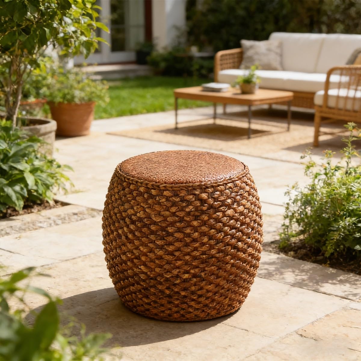 Taburete bajo de Madera Maciza con Asiento de bambú Trenzado a Mano, Robusto y cómodo, Taburete versátil para salón, Dormitorio o balcón, Uso Interior y Exterior(A,30 * 32CM/11.8 * 12.6IN)