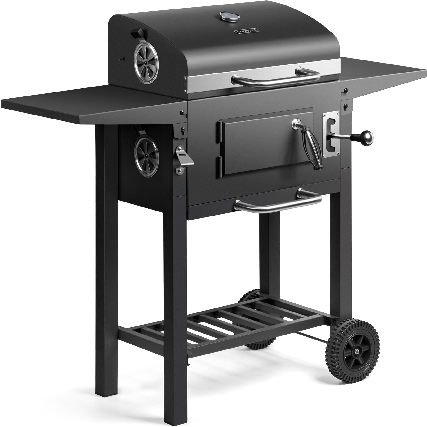 VonHaus Charcoal BBQ – Barbecue with Warming Rack, Adjustable Height, Temperature Gauge – Portable, Ash Catcher, Additional Storage Shelf, 2 Foldable Side Tables, Wheels – Grill Meat, Fish & Veg