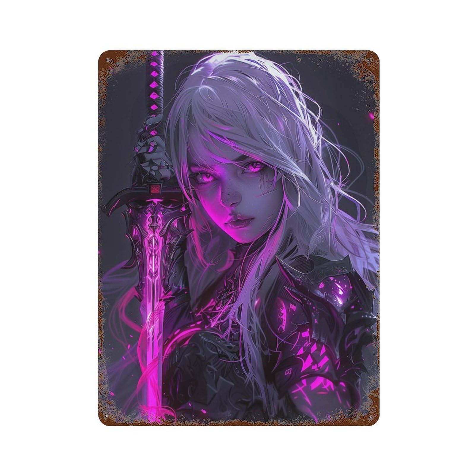 Weathered Tin Sign Neon Demon Girl 15.7"x11.8", Rustic Home Decor for Basement, Hobby Room And Garage Decor
