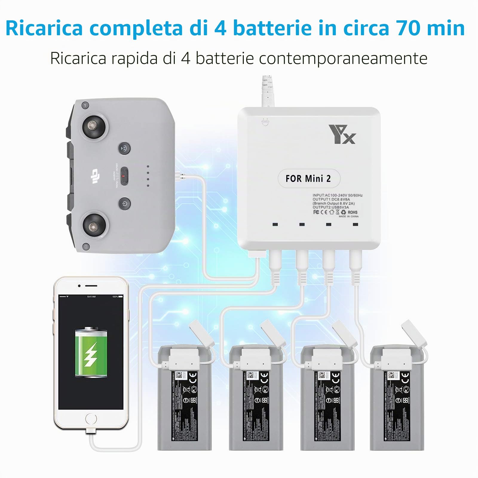 Caricabatterie per DJI Mini 4K/2,Mini 2 SE Drone, 6 in 1 Caricatore,Ricarica 4 Batterie, Stazione di Ricarica Carica Batteria Accessori