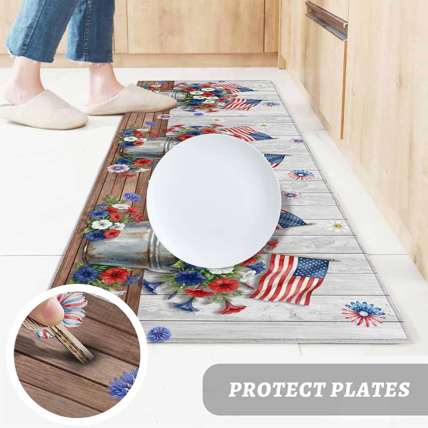 Teamery Kitchen Mats for Floor Independence Day 250th Anniversary Washable Non Slip Kitchen Rugs 1PCS, USA Flag Flowers Absorbent Standing Mats for Sink Bathroom Office Living Room 15.7x47.2in