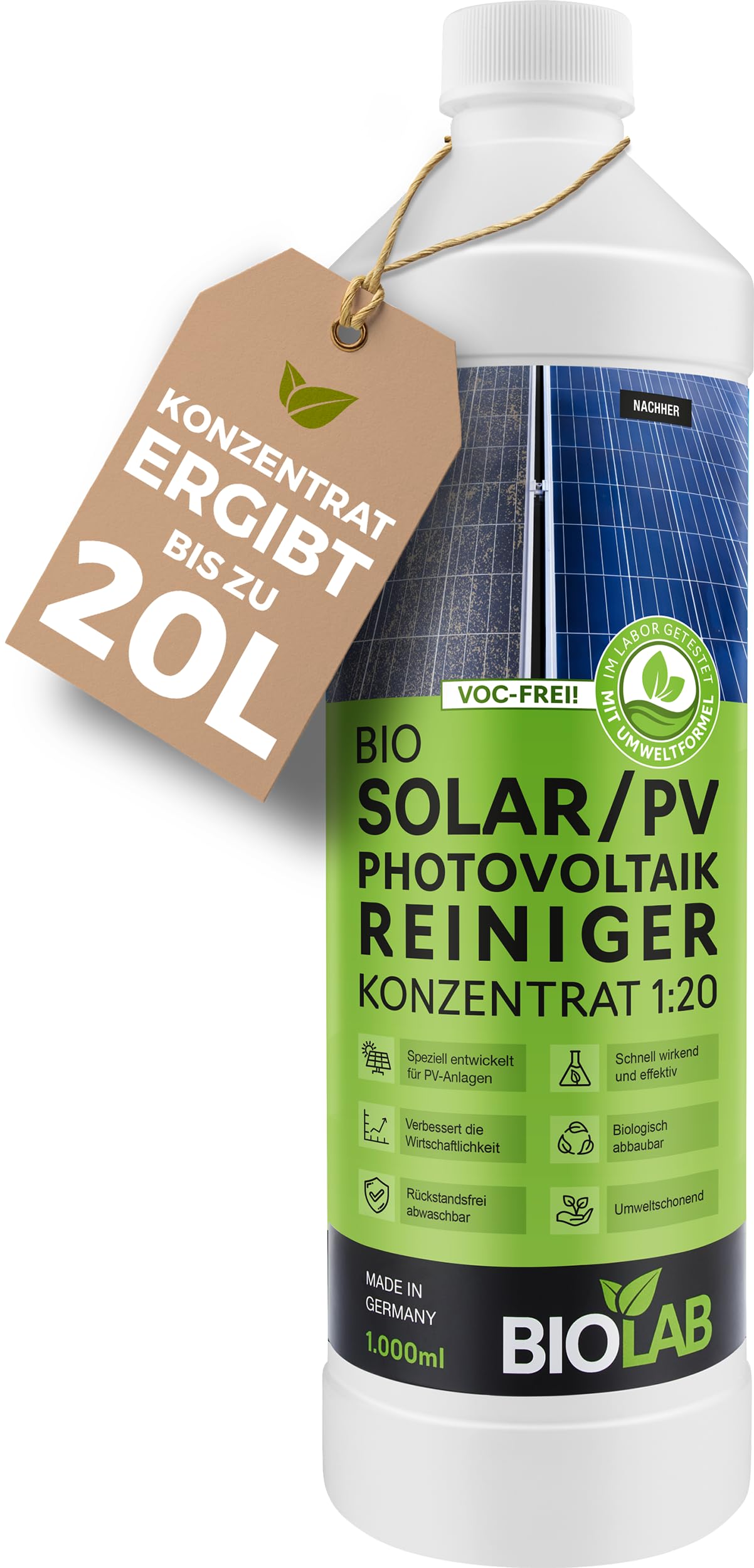 BIOLAB Solar & PV Photovoltaik Reiniger Konzentrat 1:20 (1 Liter) zur Reinigung von Solaranlage, Photovoltaikanlage, Balkonkraftwerk, Solarpanel, Solarmodul, PV Anlage, Solarreiniger
