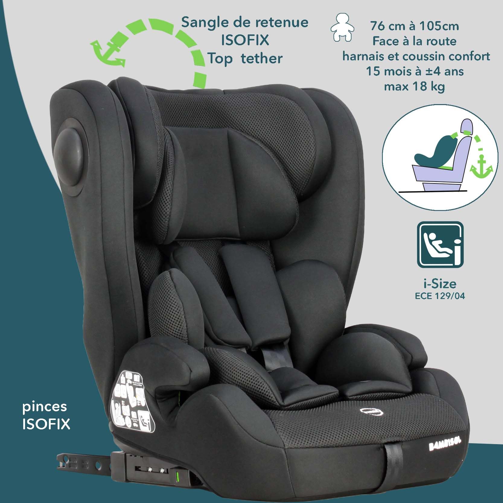 Siège auto ISOFIX évolutif réhausseur i-Size ECE R129/04 - face à la route de 76 cm à 150 cm - à partir de 15 mois jusqu'à 12 ans - max 36 kg