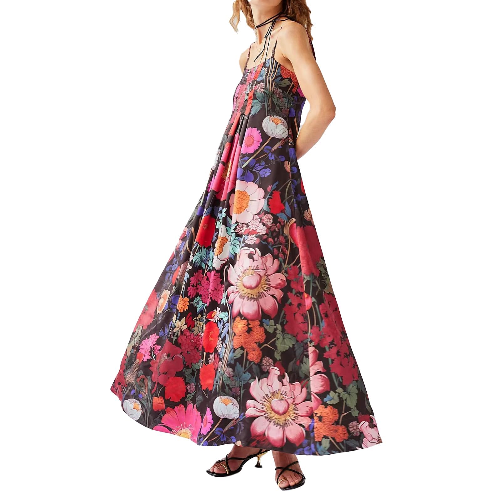 Women Boho Floral Maxi Dress Backless Spaghetti Strap A-Line Flowy Summer Vacation Long Dress
