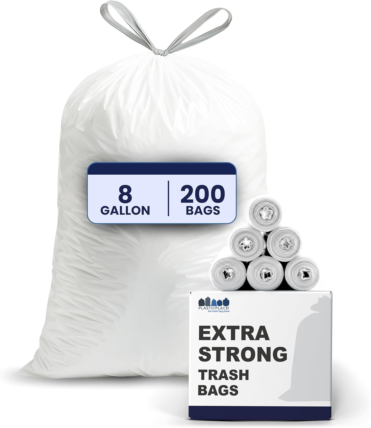 Plasticplace 8 Gallon Trash Bags -White Drawstring Garbage Can Liners – 200 Count – Leak-Resistant and Tear-Proof for Kitchen, Bathroom, Office, and Small Trash Cans 0.7 Mil