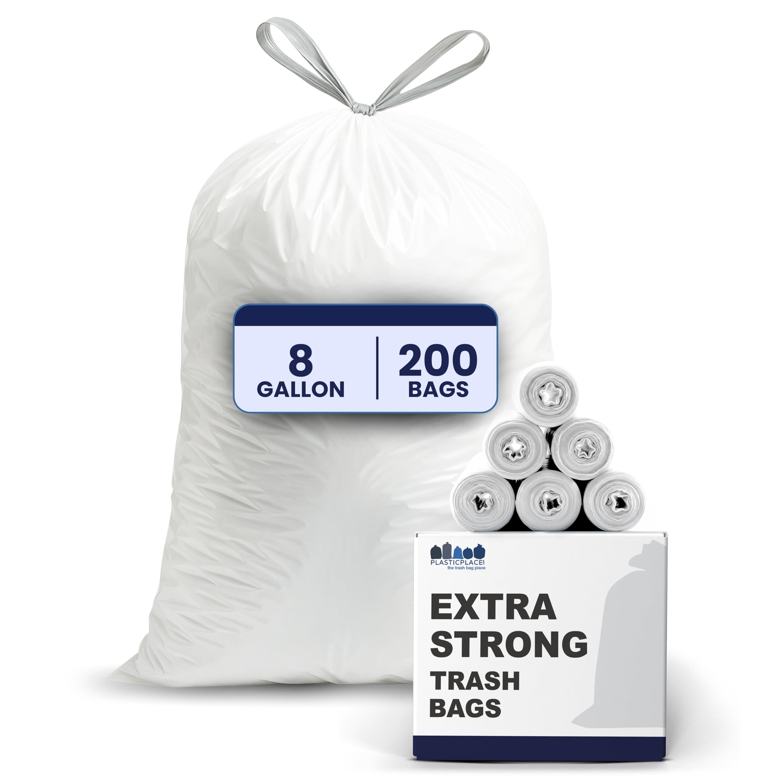 Plasticplace 8 Gallon Trash Bags -White Drawstring Garbage Can Liners - 200 Count - Leak-Resistant and Tear-Proof for