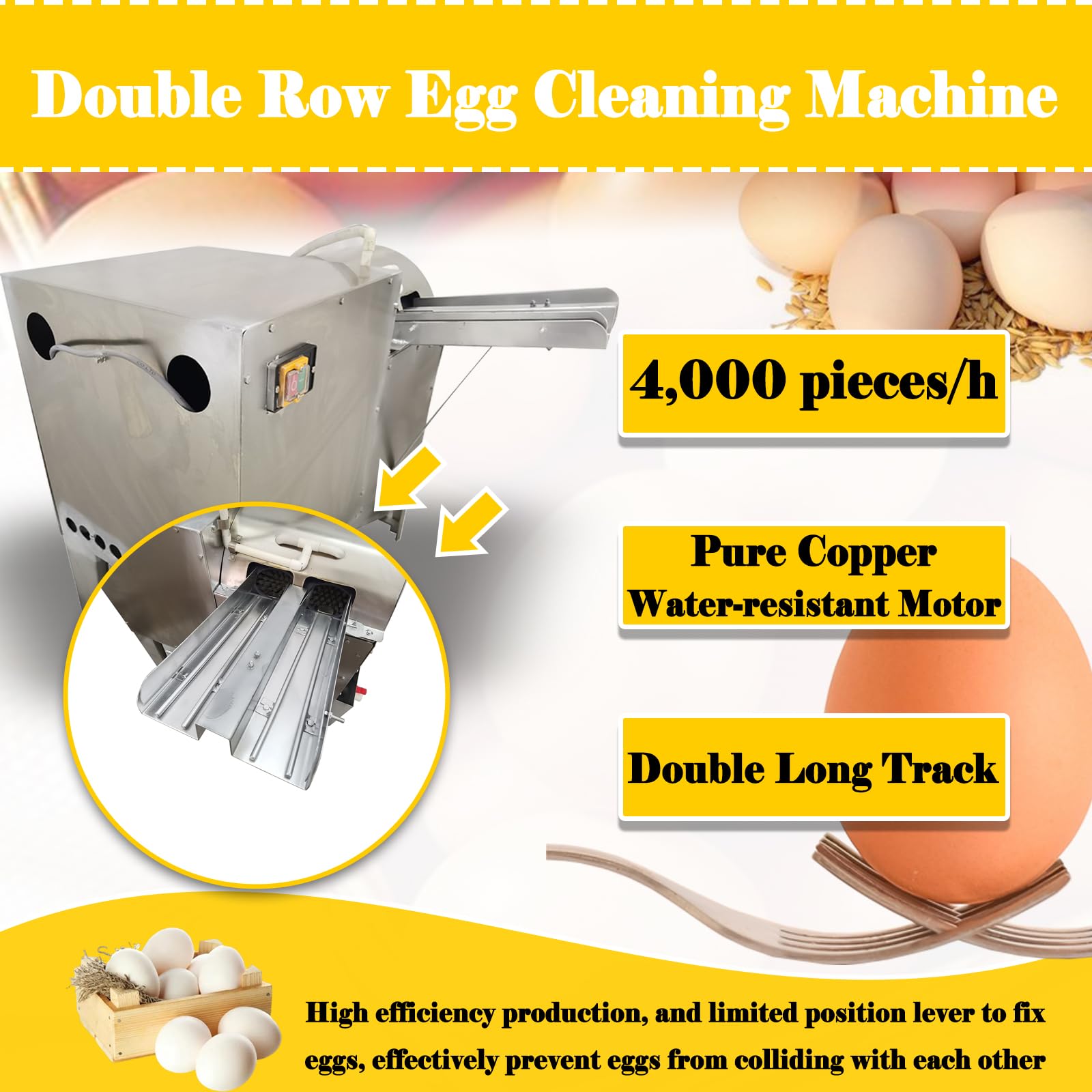 EQCOTWEA Automatic Egg Washer Machine Fresh Egg Washing Machine Electric Farm Egg Surface Cleaning Scrubber Machine Potato/Duck Egg/Goose Egg Cleaning Machine Double Row 4000 Pcs/H 110V