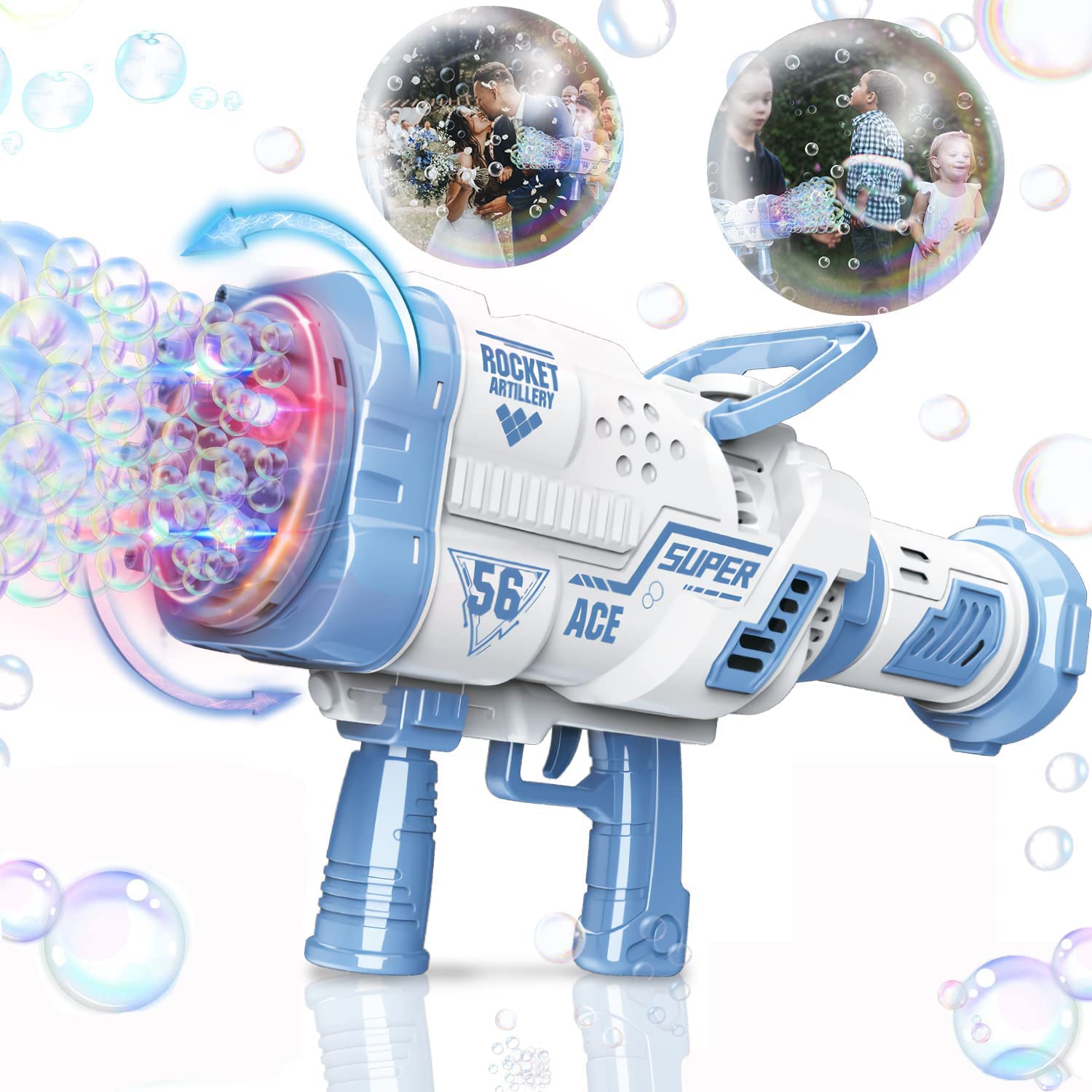 SYOSI 56-Hole Bubble Machine Gun - 360-Degree Rotate Rocket Launcher With Colorful Lights for Kids Adults Outdoor Birthday Party Christmas Wedding Social Summer Toy (Blue)