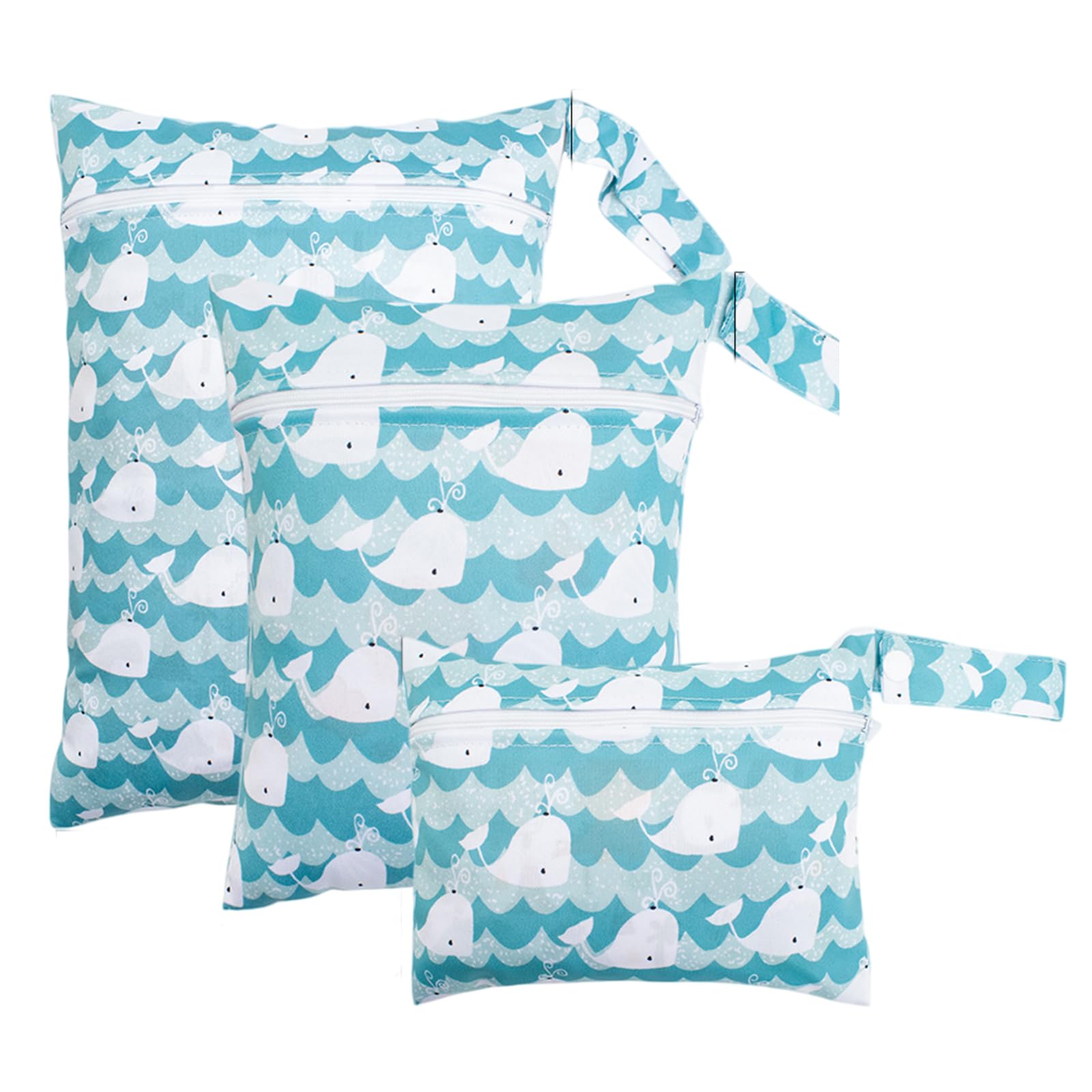 Set da 3 Wetbags Blu Balena Design, Borse Impermeabili per Pannolini e Indumenti bagnati per Neonati e Asilo, Wetbag Portatile per Viaggio con Dolce Motivo Balena