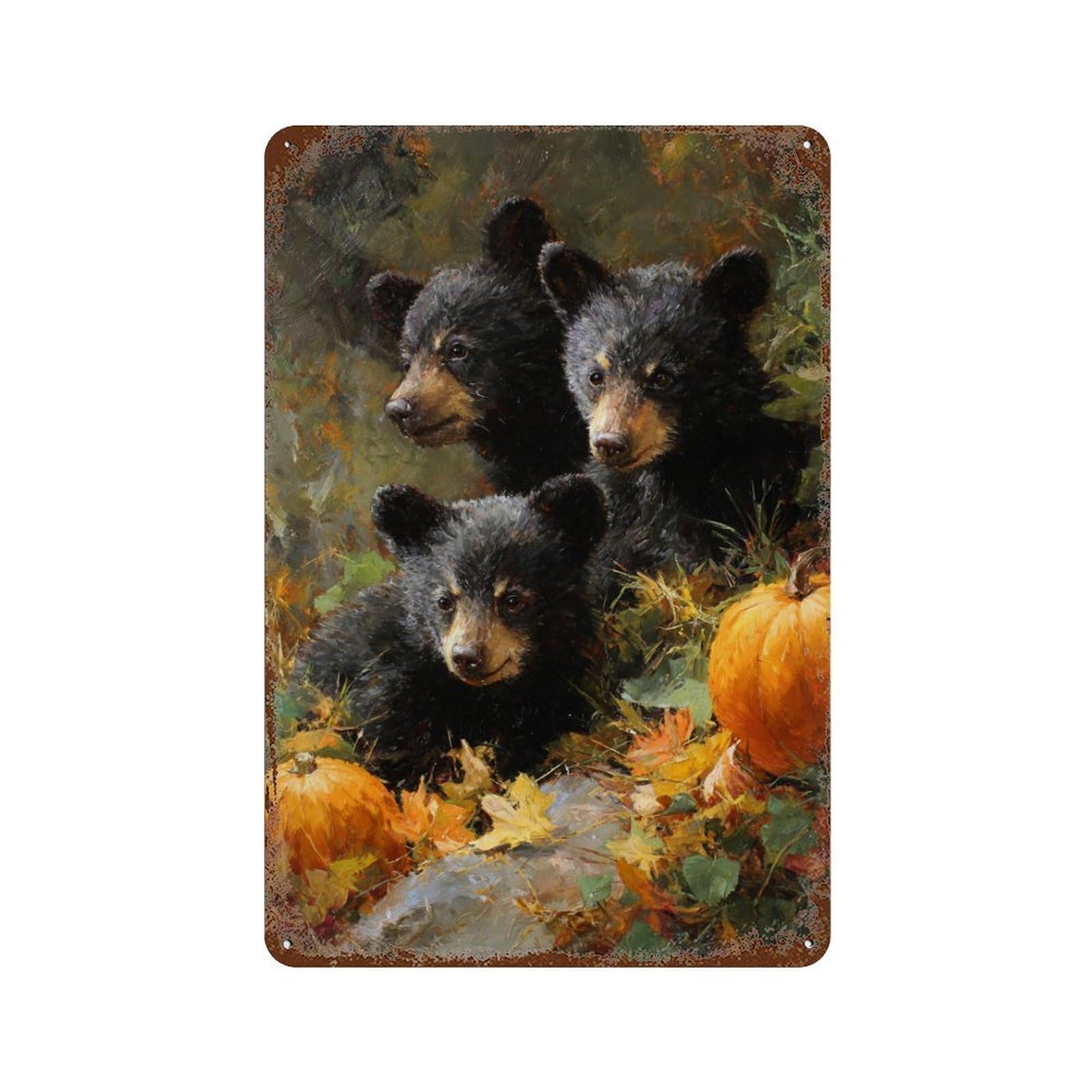 Rust Effect Autumn Bear Cubs with Pumpkins Aged Metal Wall Plaque 11.8"x7.9", Rustic Home Decor for Bistro, Counter And Cafe Decor
