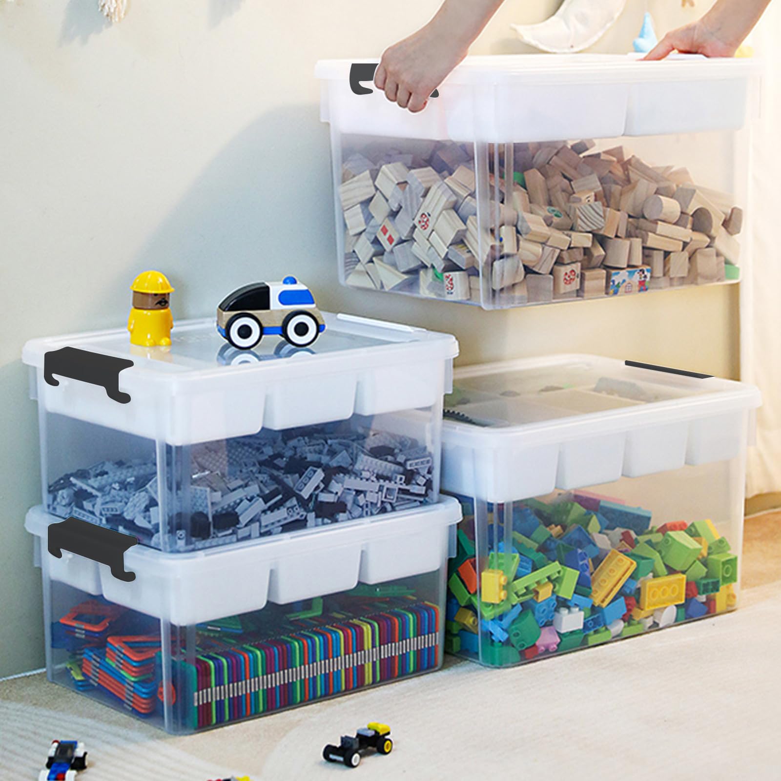 Caja de almacenamiento de plástico con bandeja extraíble, organizadores de manualidades transparentes y contenedores de almacenamiento de 17 cuartos de galón para suministros de arte y