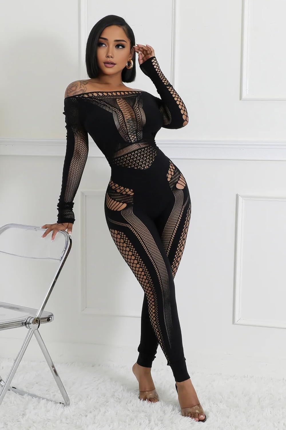 Women's Sexy See Through Long Sleeve Hollow Out Bodycon Stretchable Mesh Jumpsuit - Image 3