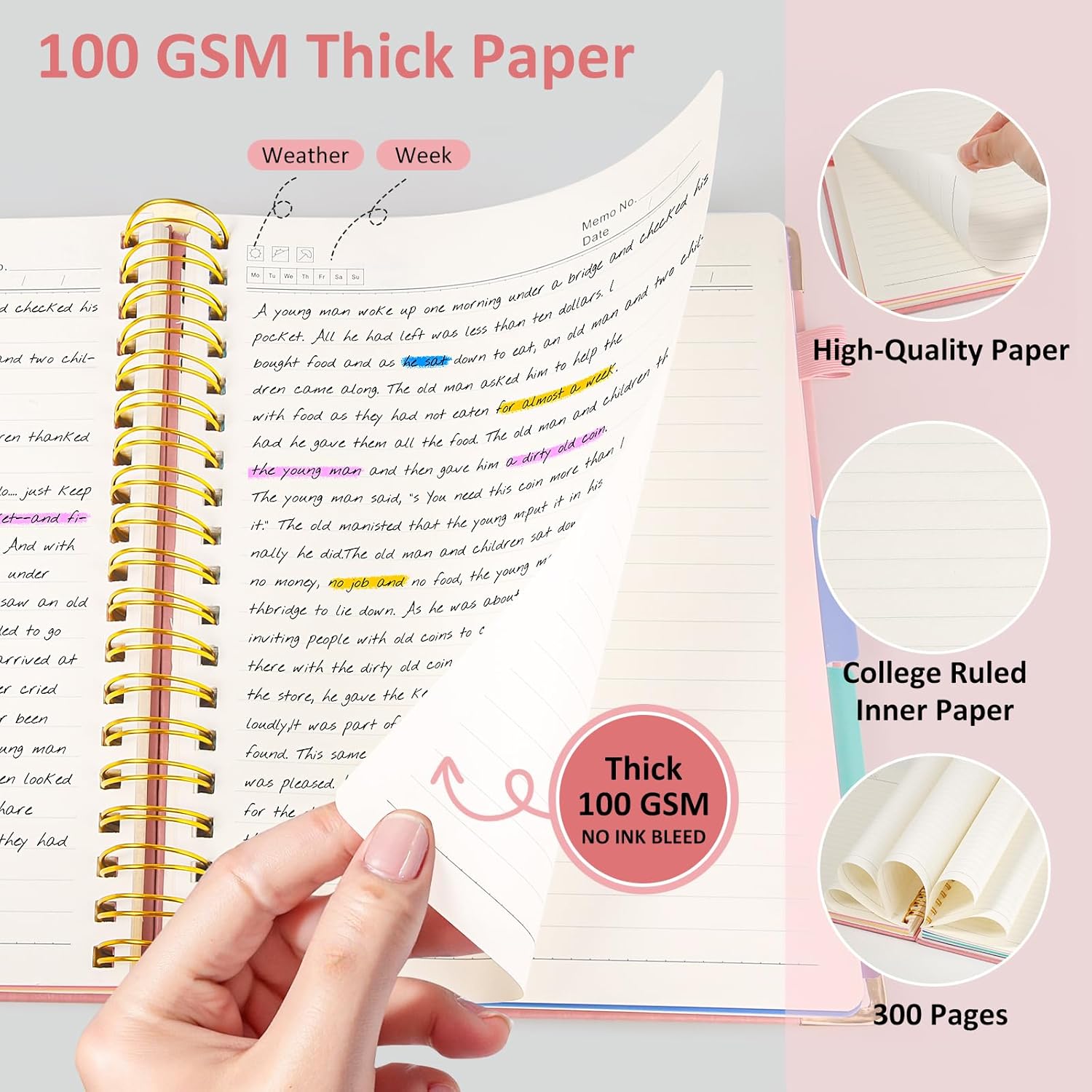 Hardcover Spiral Notebook Journal with Removable PVC Dividers - 8'' x 10'' Large 300 Page B5 Hardcover Leather College Lined Journals Notebook for Work Note Taking Office Home School Supplies, Pink - Image 5