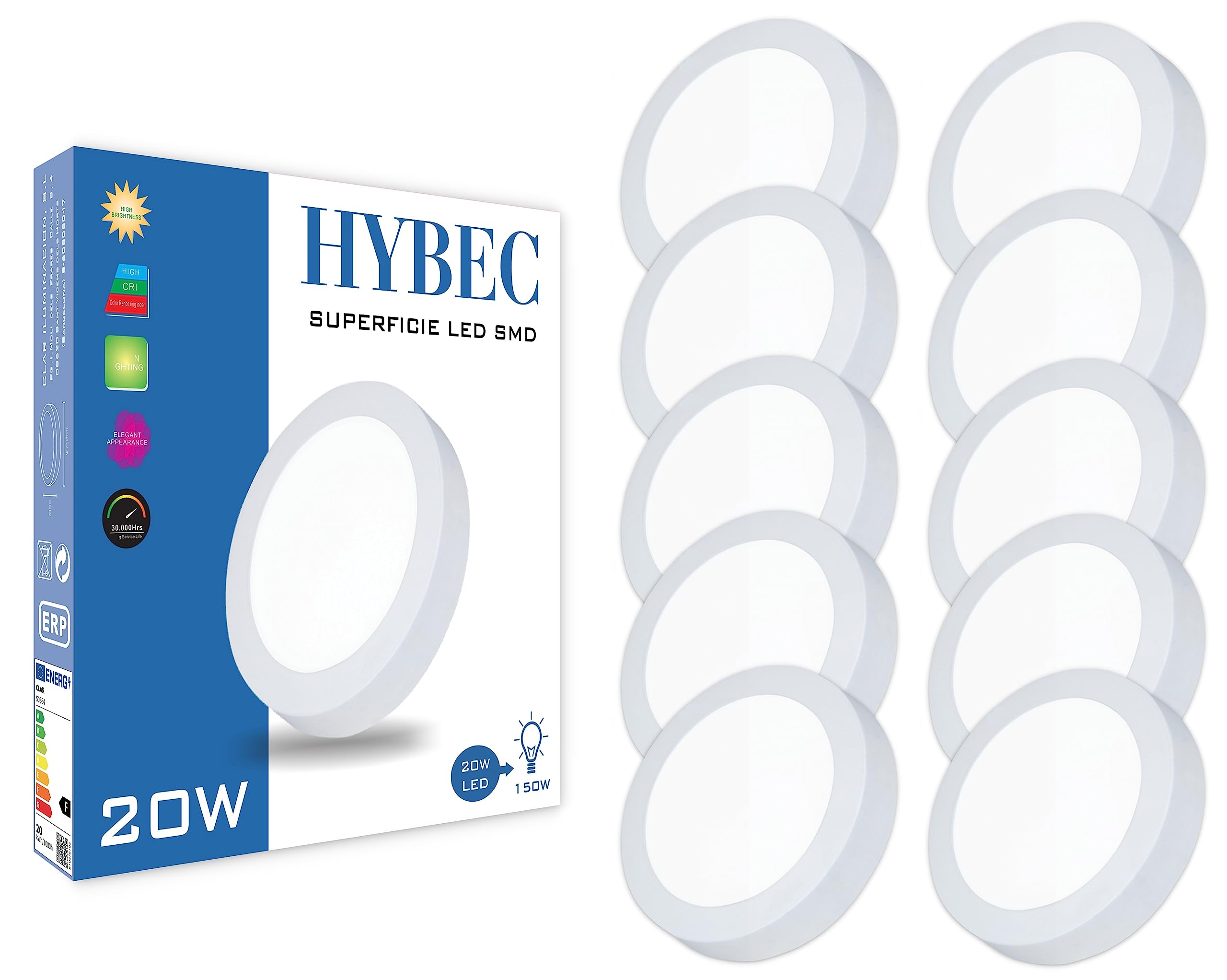 Downlight LED Techo Superficie 20W, Plafón Cocina y Baño, Lámpara de Techo, Blanco Frío 6500Kº (Pack 10)