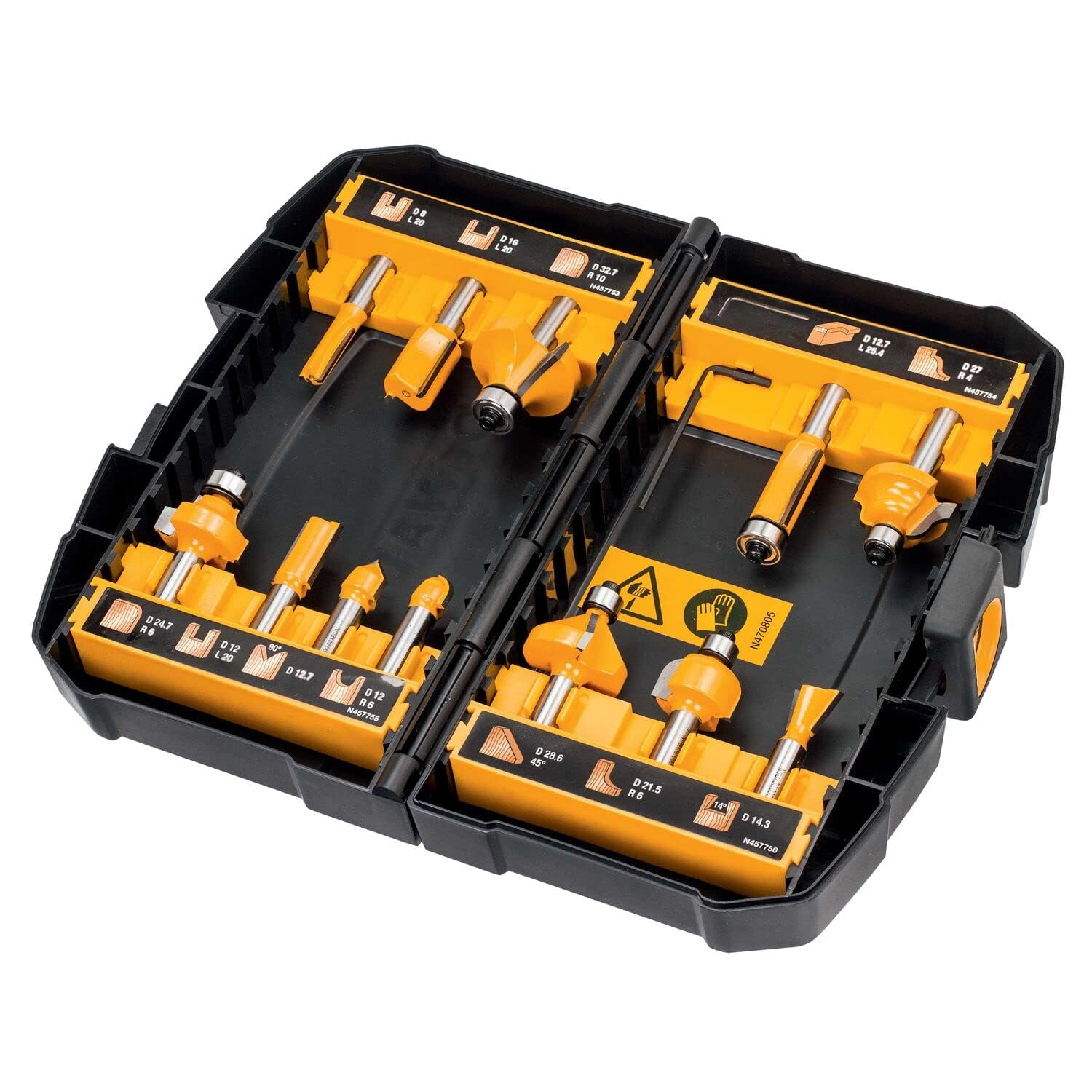 DEWALT - Affleureuse Défonceuse Brushless XR 18V - Plongée 55mm & Coffret 12 Fraises de Défonceuse - DT90016-QZ - Set de Fraises à Rainurer bois en Acier avec Coffret de Transport - Manche Ø 8mm