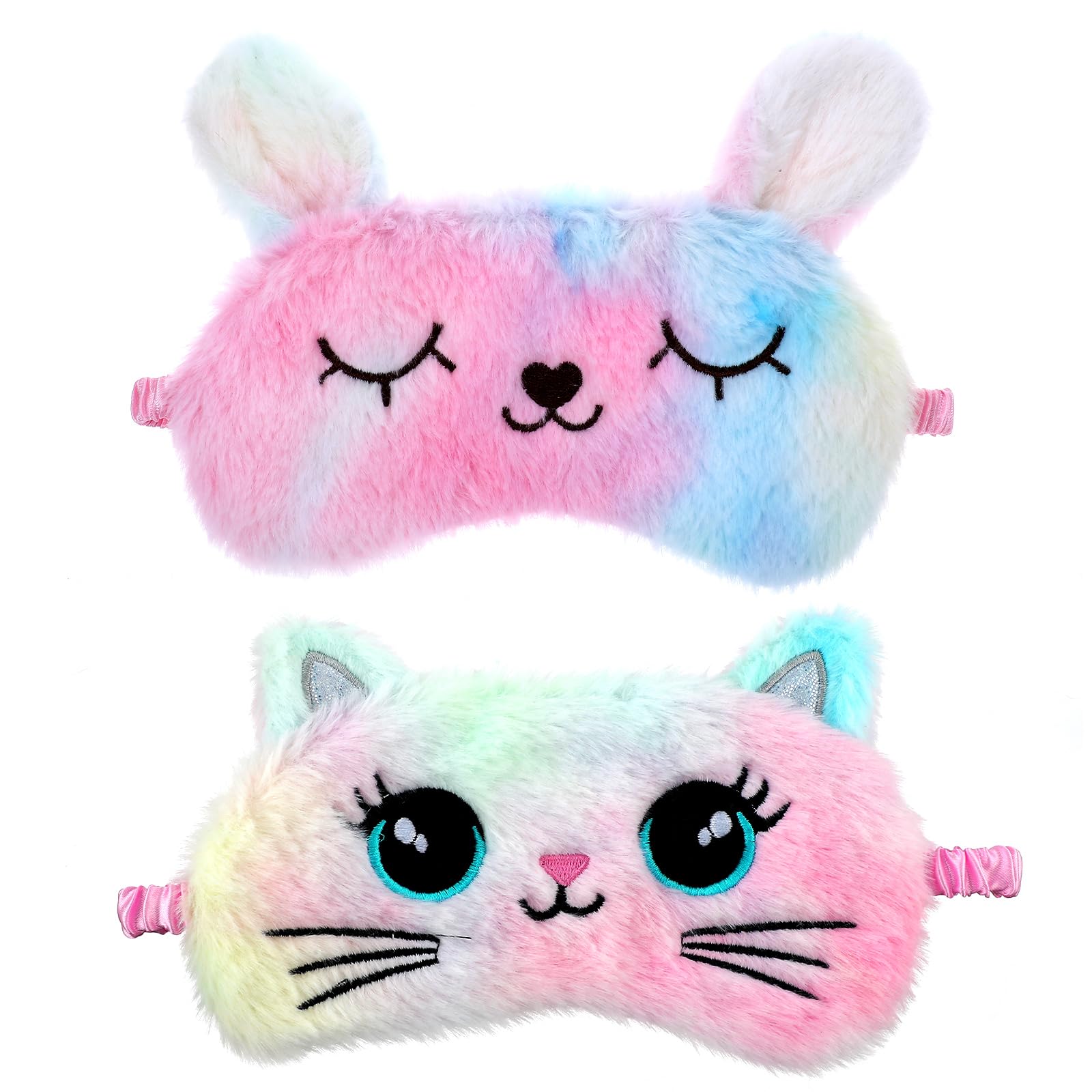 2 cubrebocas de felpa suave para dormir con los ojos vendados, cómodos y bonitos, de satén, para siesta de noche, para mujeres y hombres, regalo (multicolor, estilo gato y conejo)