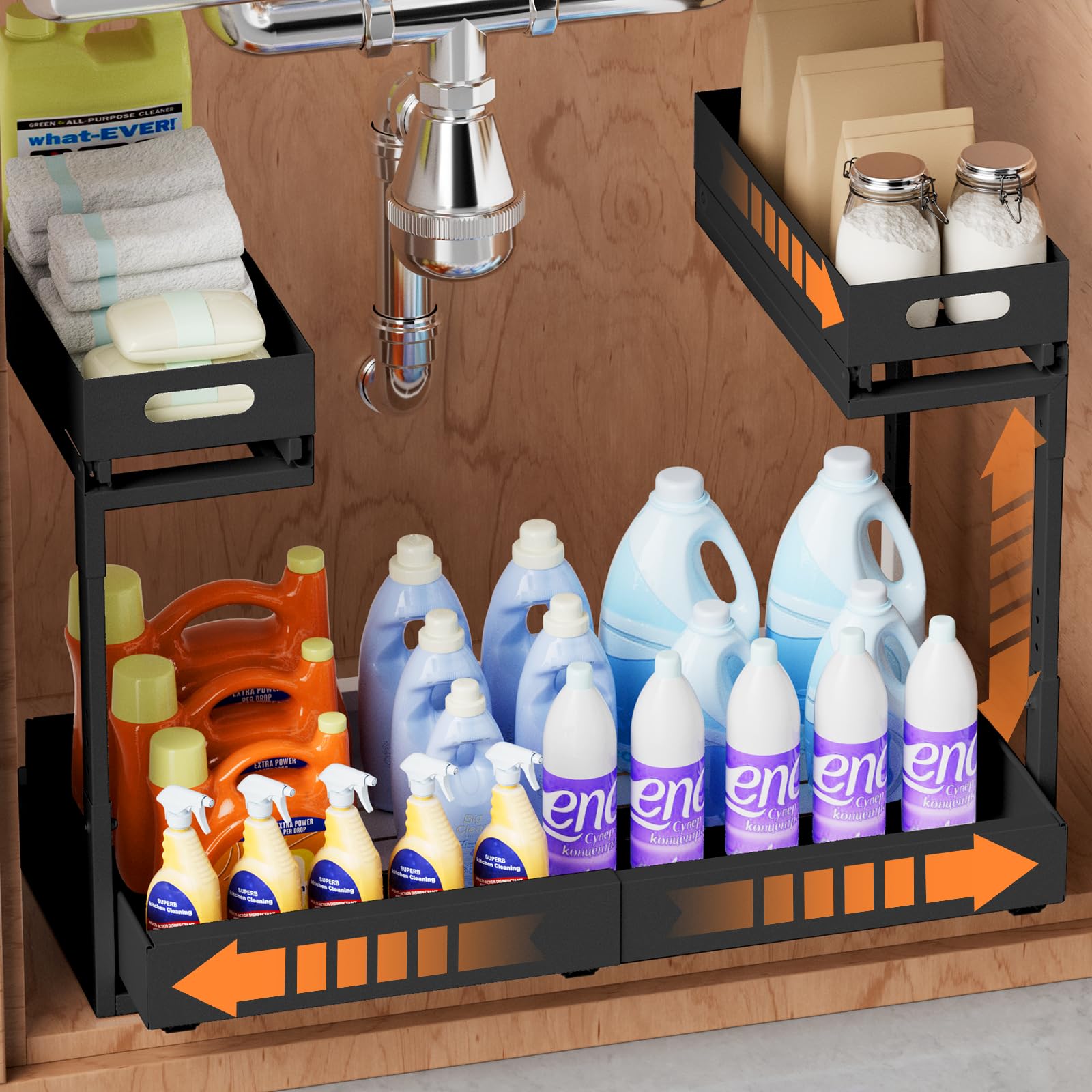 YJHome Ausziehbare Spülschrank Organizer, Metall Unter Waschbecken Regal 2 Etagen, Verstellbare Breite Höhe, Herausziehen Under Sink Organizer für Küche, Bad, Unterschrank, 1-Stück-Plus Schwarz