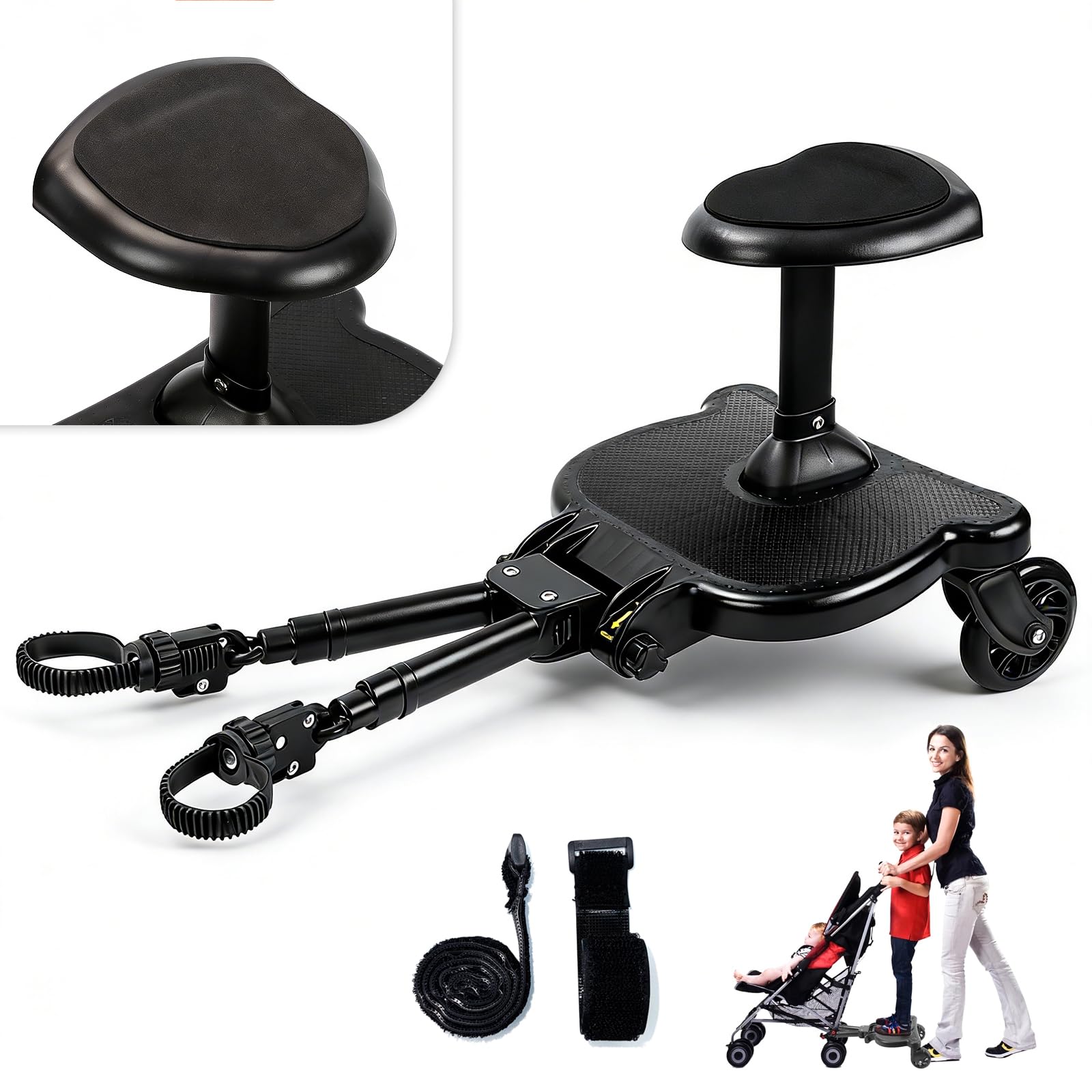 Vihir Patinete Carro Bebe Universal, Tabla de Cochecito con Asiento, Buggy Board Para el Segundo Niño, Accesorio Para Niños de 2 a 6 Nños (25 kg), Mejora total