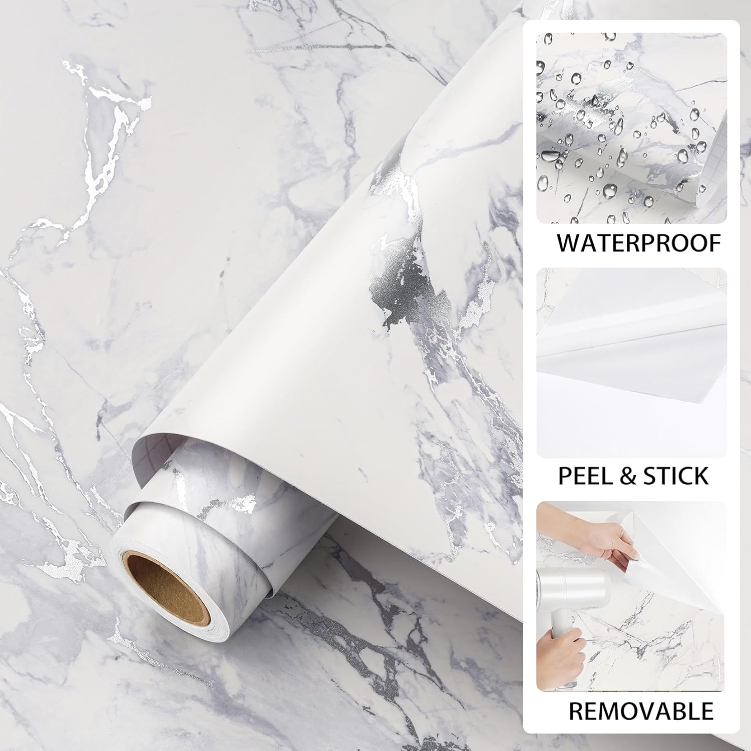 ReWallpaper 24inx16.5ft White Marble Peel and Stick Countertops Matte White Grey Marble Contact Paper Self Adhesive Wall Covering for Office Living Room Kitchen Hallway Bathroom Decorative Wall Panels