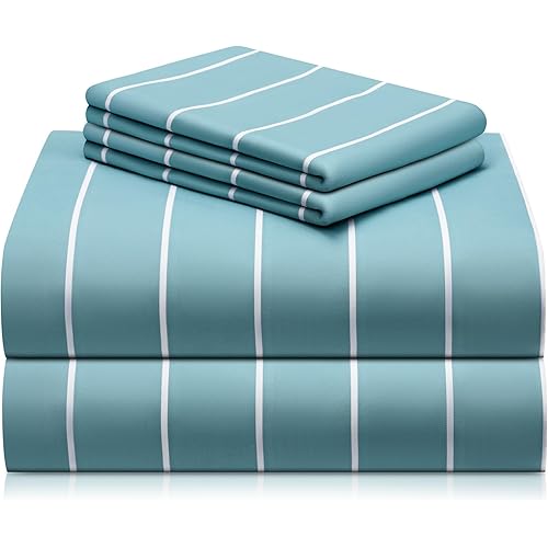 LuxClub 4 PC Queen Size Sheet Set Bed Sheets, Breathable Luxury Deep Pockets 16" Wrinkle Free Cooling Sheets Machine Washable Hotel Bedding (Queen, Striped Light Blue)