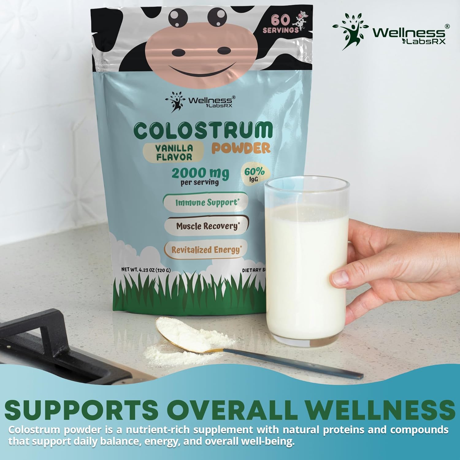 Colostrum Powder 2000mg - Vanilla Flavour, 60% IgG Bovine Colostrum Supplement for Gut Health, Immune Support, Clean Skin, Anti-Aging, Grass-Fed Calostro Bovino Powder, Keto, Gluten-Free - 60 Servings - Image 7