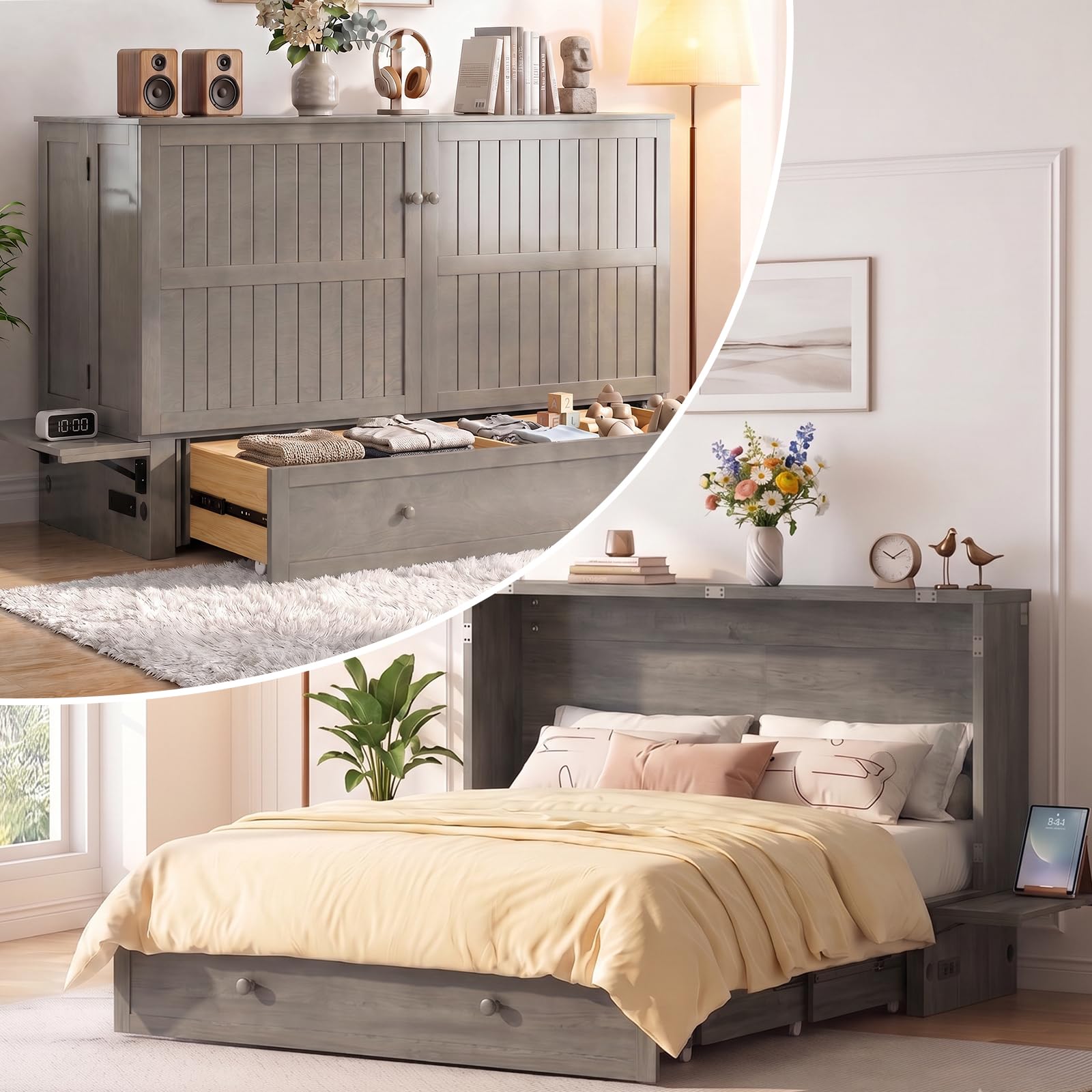 Mjkone 163 CM W Queen Size Murphy Bed with Tri-Folding Mattress, Grey