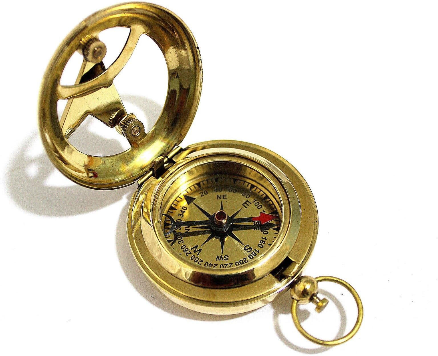 THOR INSTRUMENTS Brass Push Button Direction Sundial Compass - Pocket Sundial Compass Rustic Vintage Home Decor Gifts