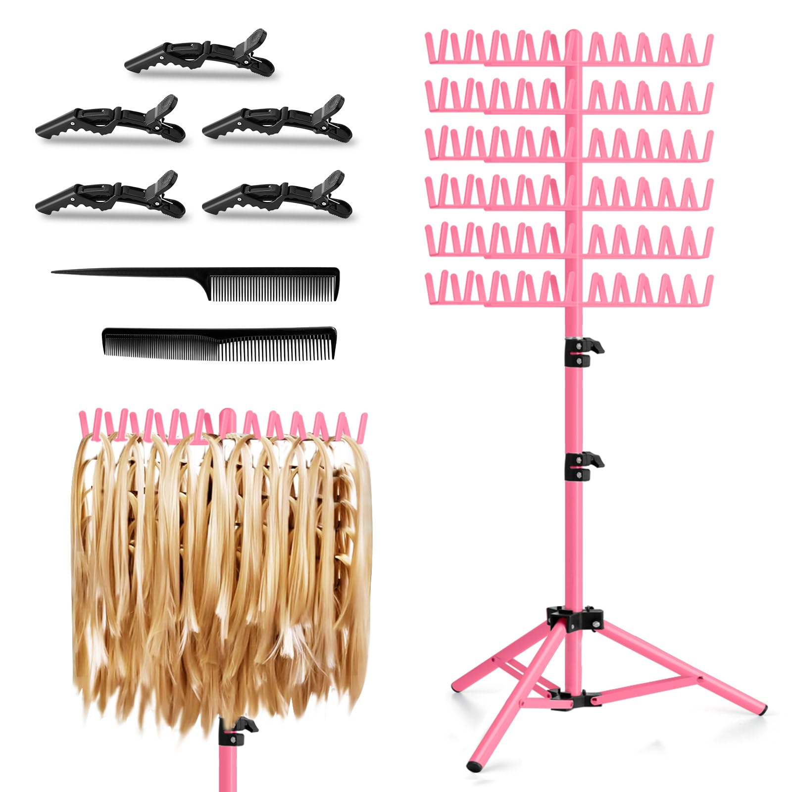 JANMPASK Braiding Hair Rack Height Adjustable 144 Pegs Braiding Rack Hair Extension Holder with Hair Braid Tools, Easy to Assemble (pink)