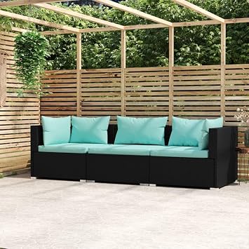 Black Poly Rattan 3 Piece Patio Furniture Set with Cushions, Waterproof PE Wicker Outdoor Sofa Sectional for Garden, Poolside, Porch, Modular Design, Durable Steel Frame, Removable Aqua Cushions
