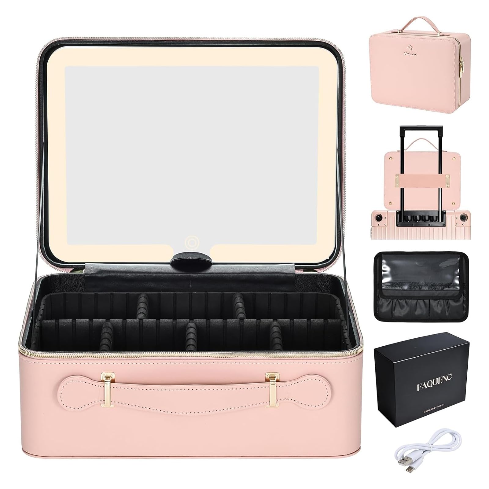 Grande trousse de maquillage avec miroir LED - Miroir lumineux amovible - En cuir synthétique - Portable - Boîte de transport avec séparateurs et porte-pinceaux de maquillage, rose, Classique