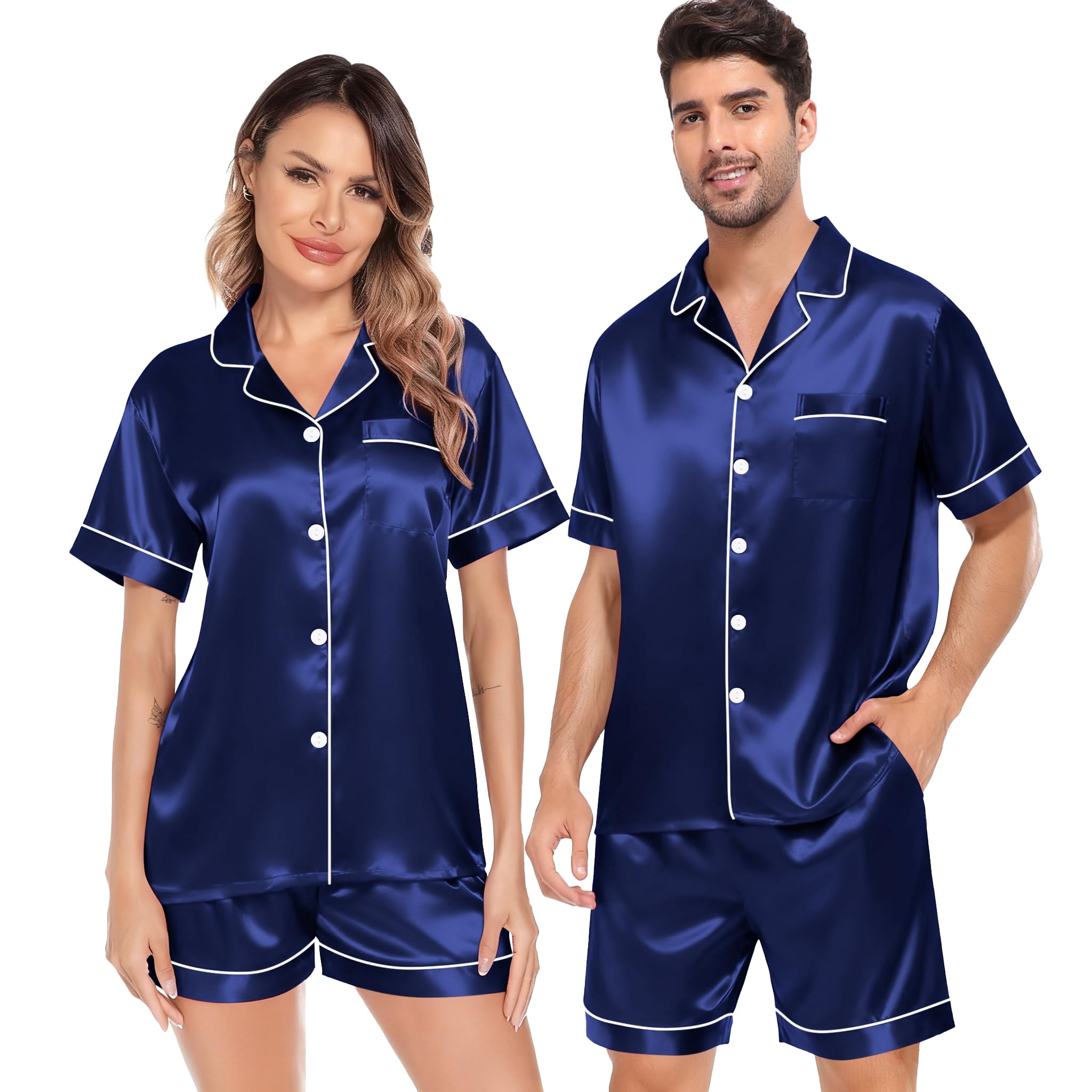 SWOMOG Satin Matching Pajamas Sets Couple Silk Button Down Nightwear Women &amp; Men Short Sleeve Sleepwear 2 Pieces Loungewear