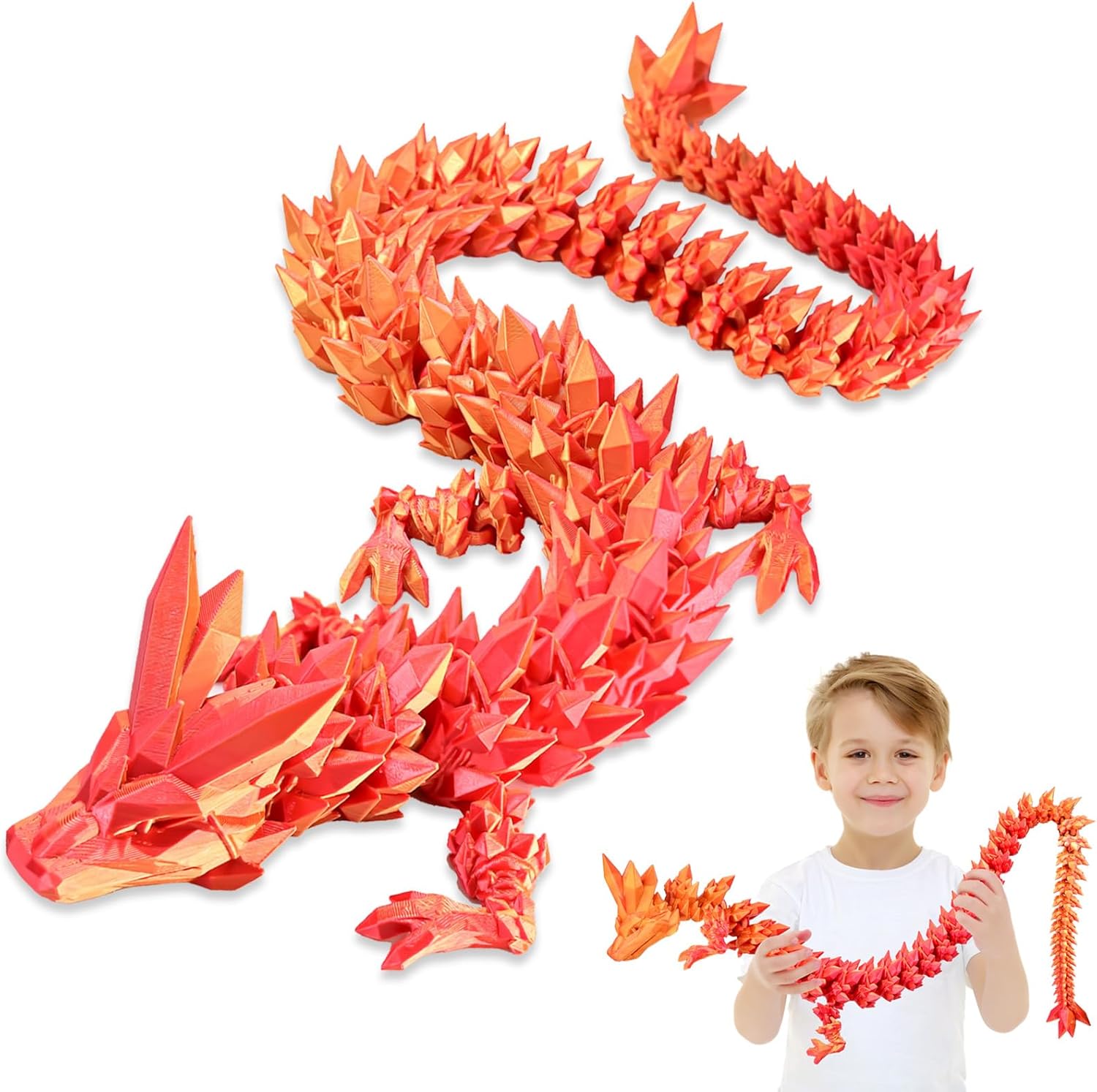 Large 30" 3D Printed Dragon, Articulated 3D Dragon Toys, Long Crystal Dragon Red Gold