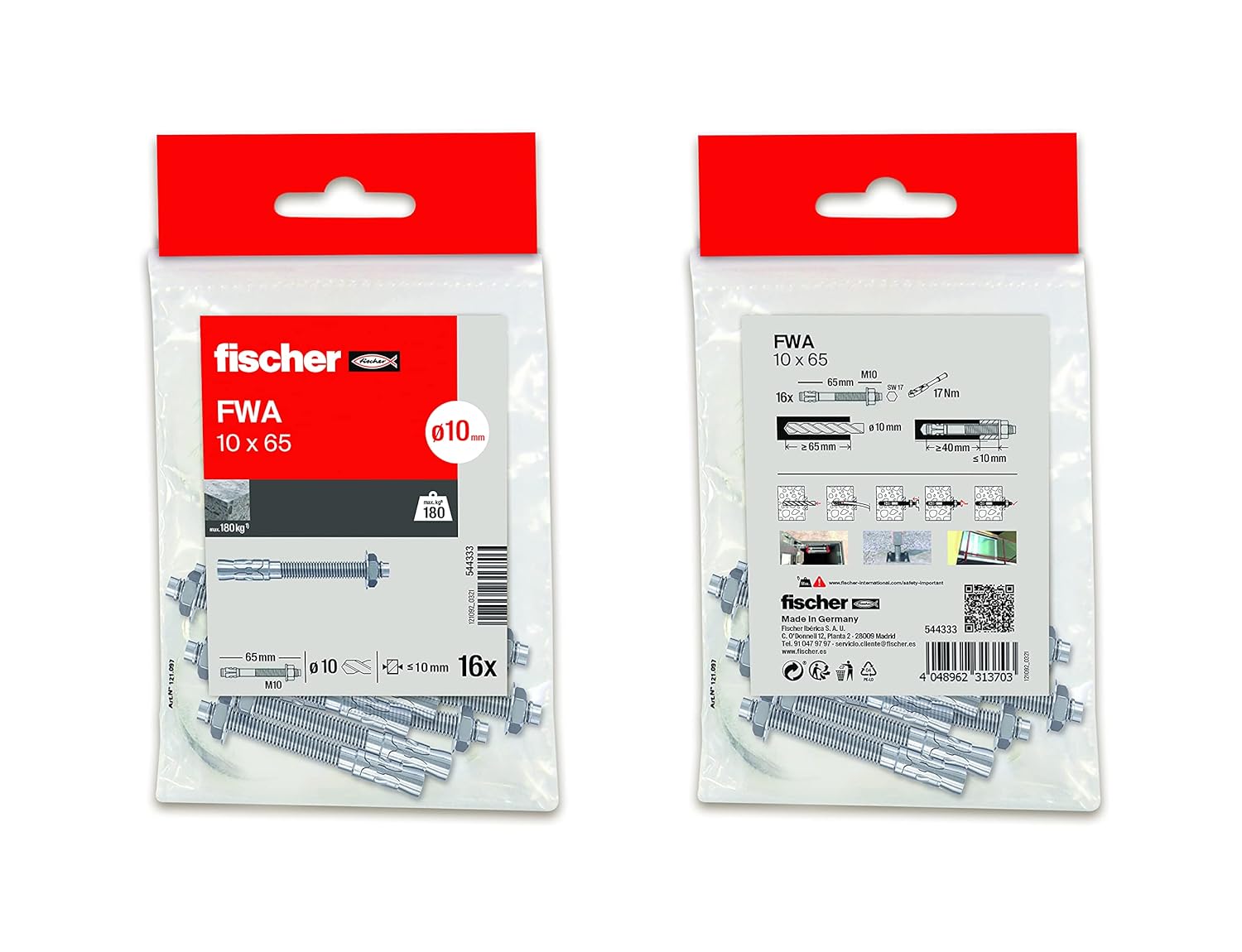 fischer - Anchors Metal Expansion for Concrete, Expansion Anchor Bolts, Bag 16 pcs FWA 10x65