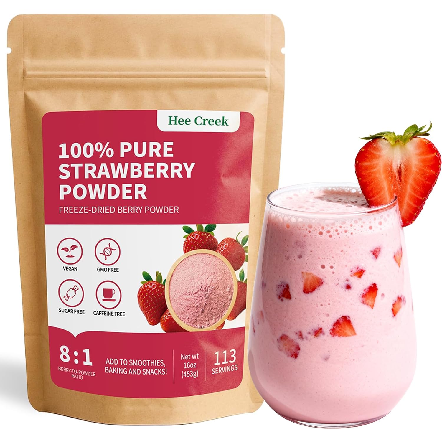 Hee Creek 100% Pure Strawberry Powder 16oz/ 453g Freeze Dried Strawberry Ultra-Fine Fruit Powder for Smoothies & Baking & Beverages & Food Coloring, No Added Sugar & Additives