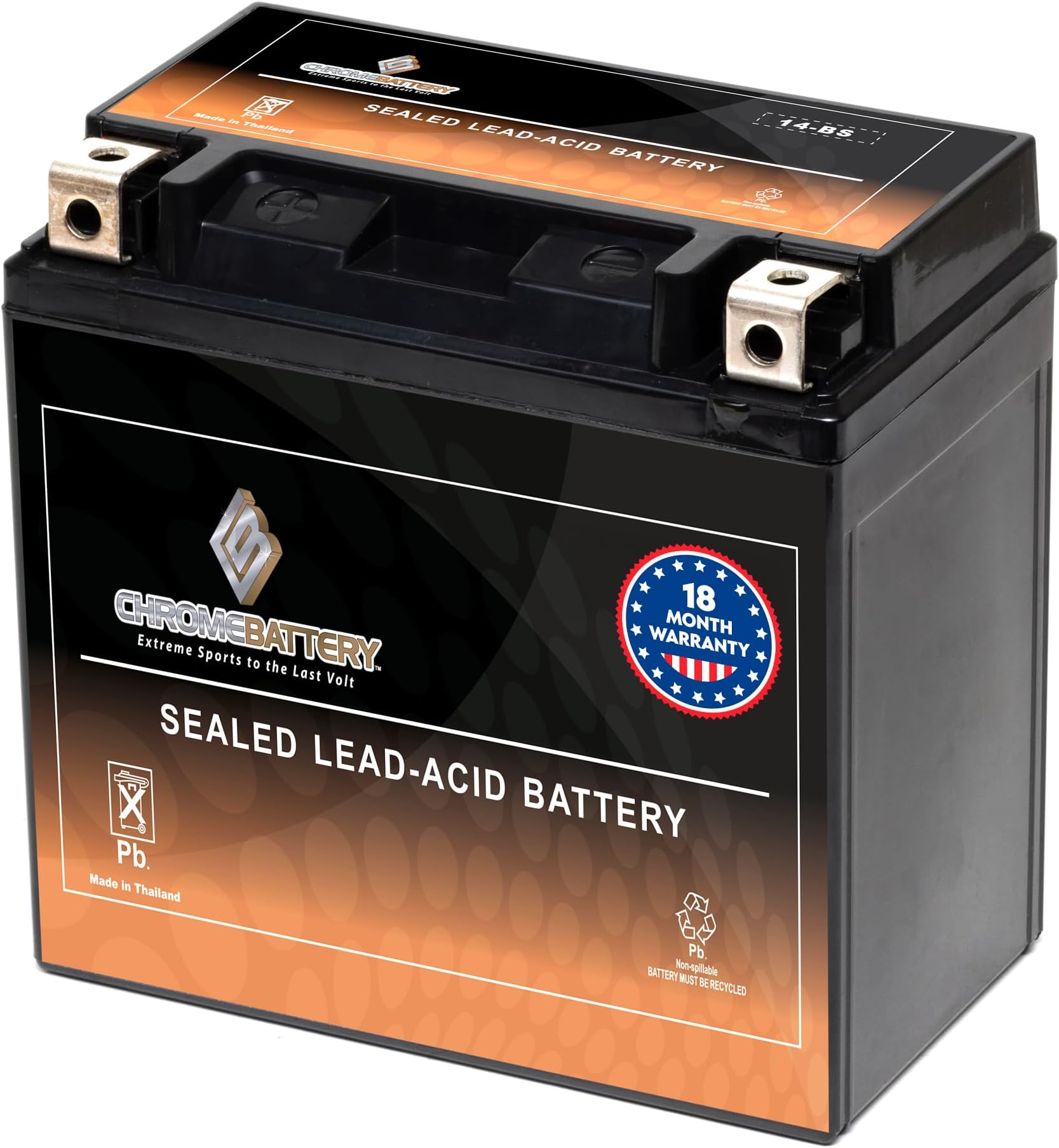 Chrome Battery YTX14-BS Maintenance Free Replacement Battery for ATV, Motorcycle, Scooter, Snowmobile, and UTV: 12 Volts, 1.4 Amps, 12Ah, Nut and Bolt (T3) Terminal