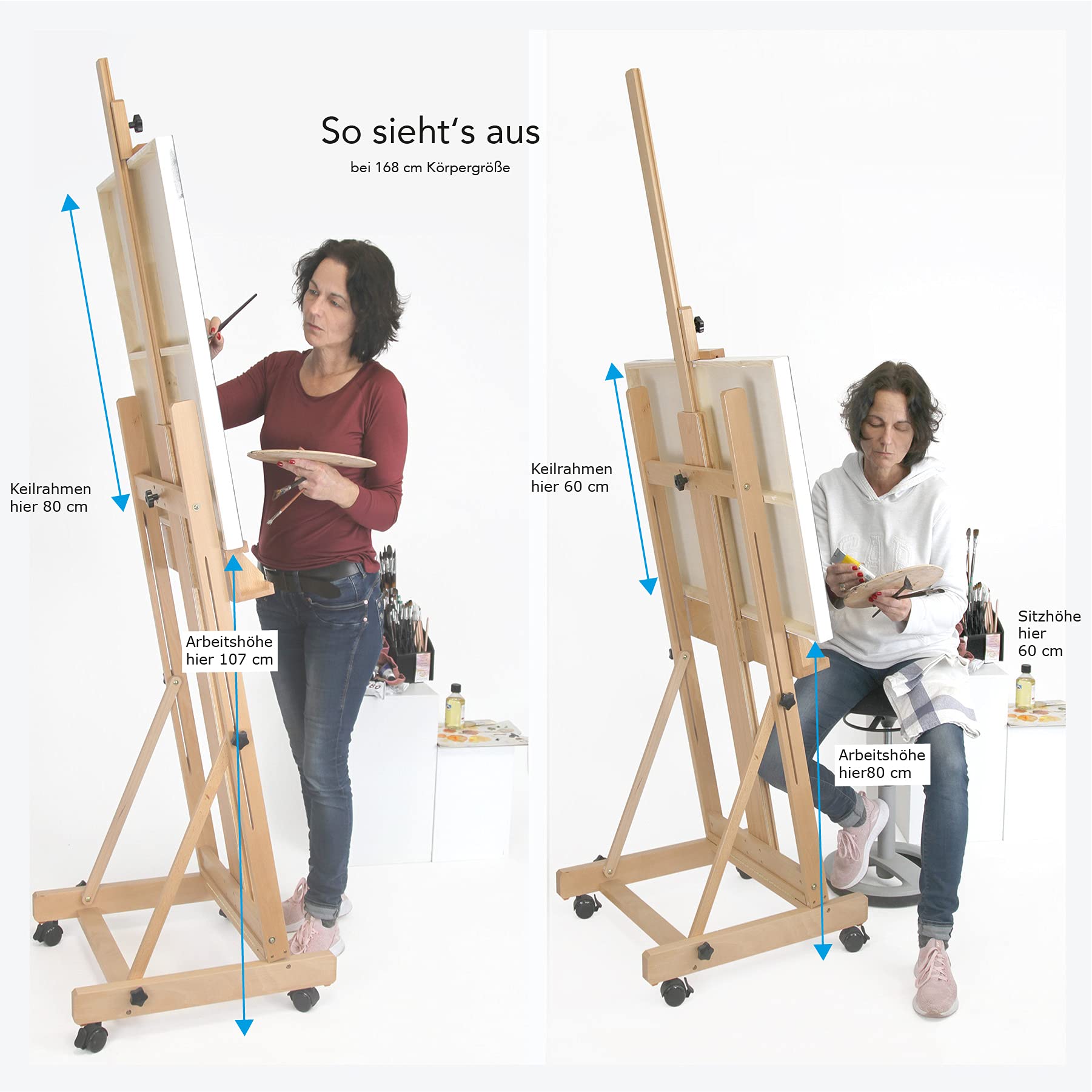 Paintersisters Studio Staffelei 147 - für Keilrahmen bis 200 cm, mit großer Ablage für Malutensilien, Atelierstaffelei aus Buchenholz FSC®, Holzstaffelei