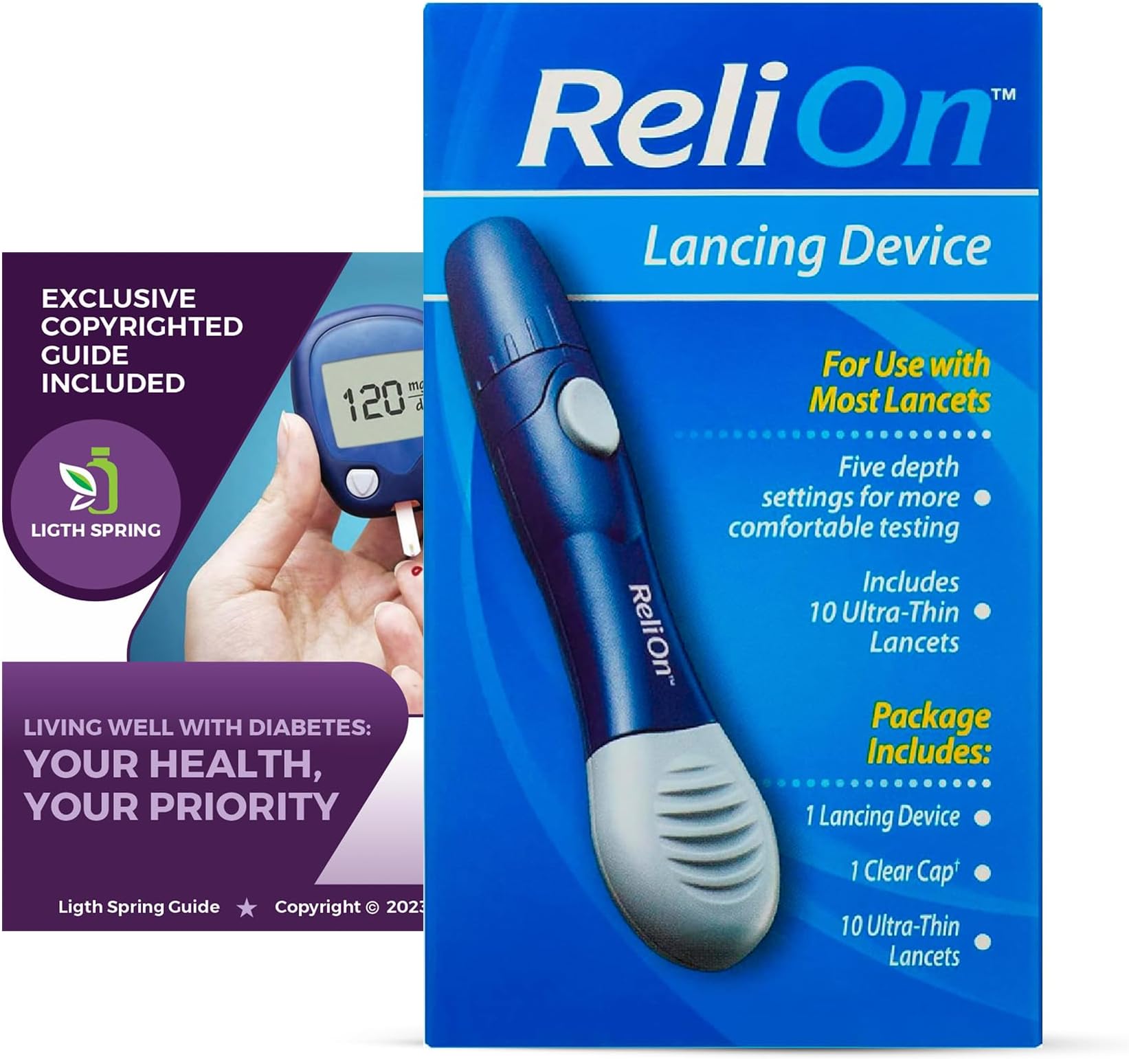 Lancing Device Includes 10 Ultra-Thin Lancets Bundle with Exclusive "Living Well with Diabetes: Your Health, Your Priority" - Better Light&Spring Guide (2 Items)