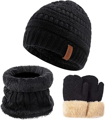 3Pcs Kids Winter Beanie Hat Scarf Gloves Set for 2-6-10-14 Years Old Boys Girls, Knit Thick Warm Fleece Lined Thermal Sets
