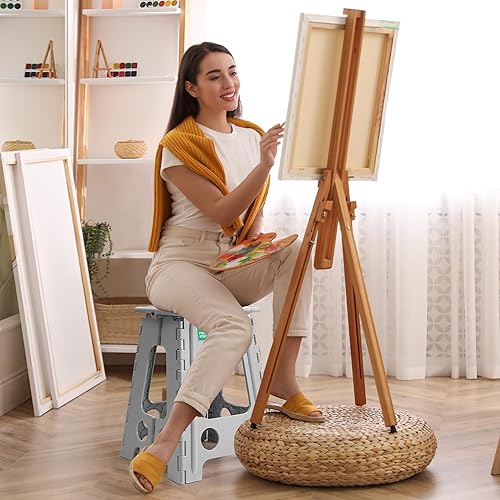 Miniatura 4 de Taburete plegable de 16 pulgadas, capacidad de 400 libras, taburete plegable de plástico resistente para adultos y niños, taburete con asa, fácil de