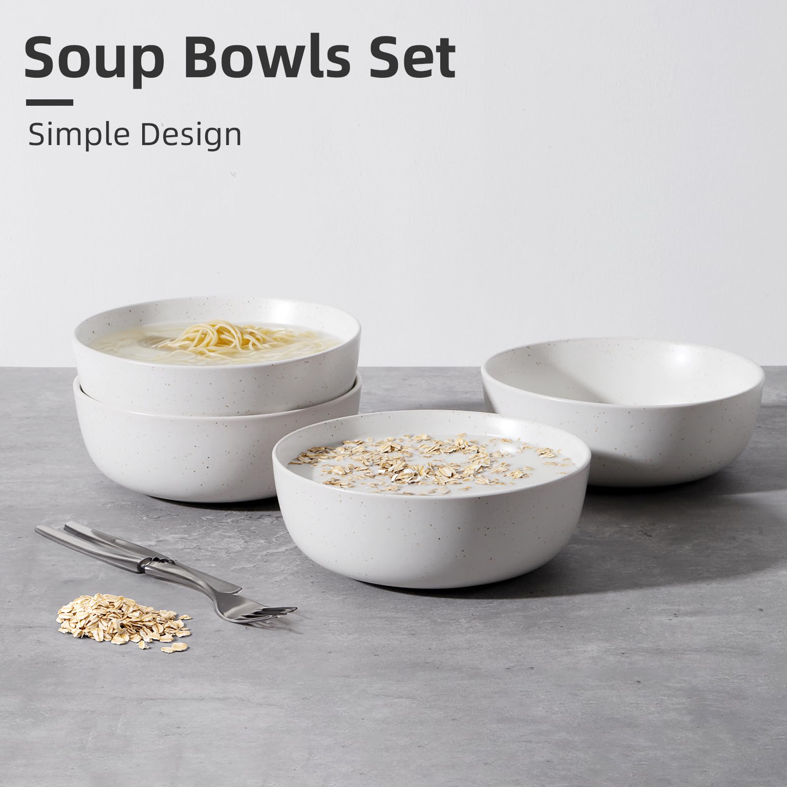 Eanoni Stoneware Ceramic Salad Soup Pasta Cereal Bowls 6.5 Inch, 27oz Bowls Set of 4, Oven Safe Bowls for Kitchen, Fruits, Salad, Noodle, Dinner, Dishwasher Microwave Safe White