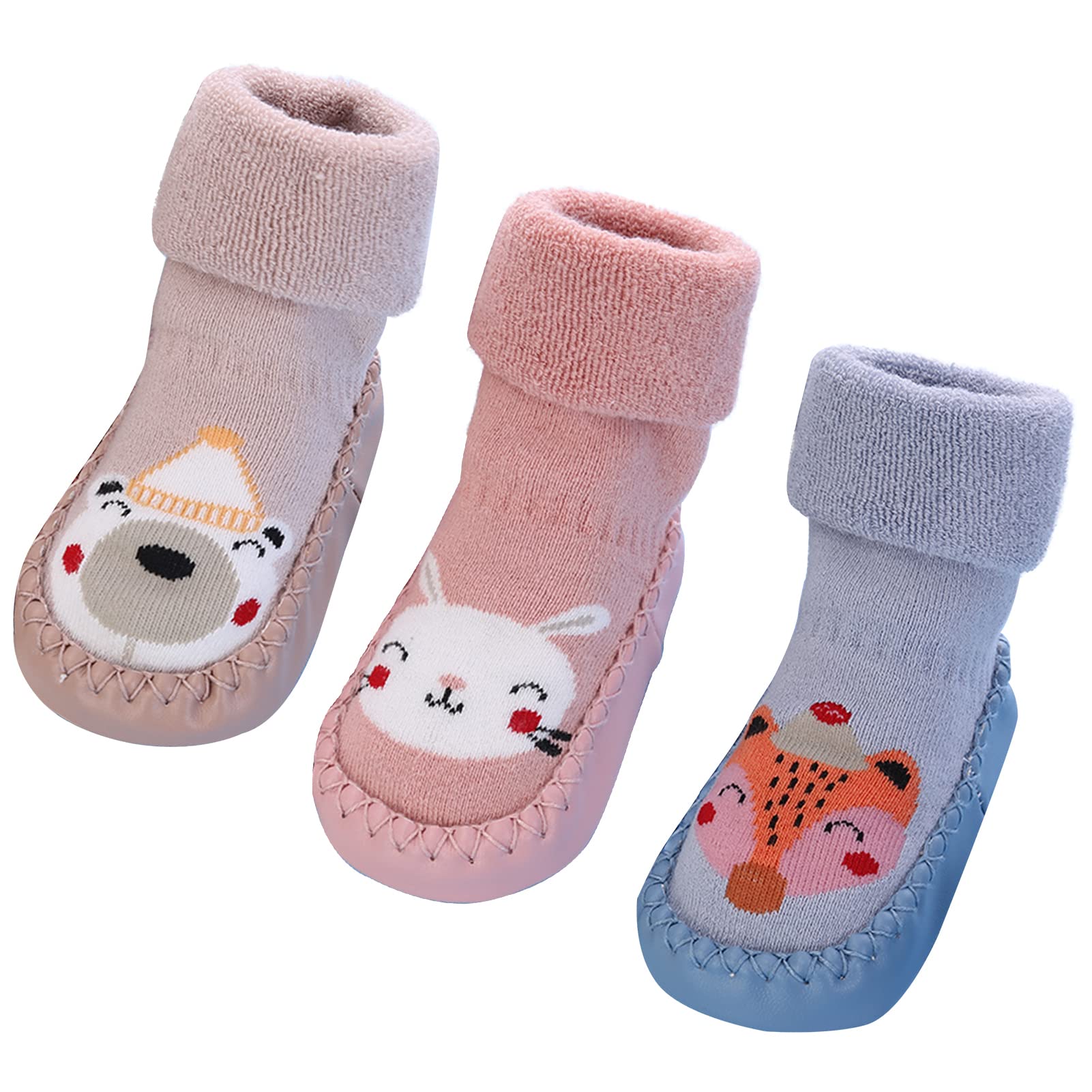 Happy Cherry Baby Boys Girls Sock Shoes Non Slip First Walking Shoes Animal House Booties Walking Shoes Pink Rabbit + Light Pink Bear + Blue Fox 3-4 Years