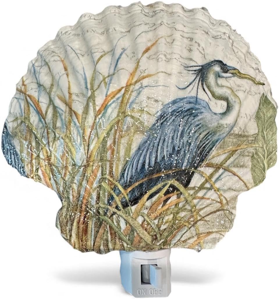 Handmade Blue Heron Scallop Shell Nightlight - 5-inch Coastal Beach Decor - Plug-in Wall Light with Manual On/Off Switch