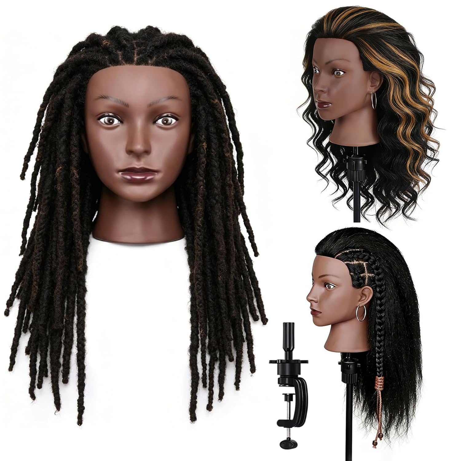 100% Real Hair Mannequin Head,22''Human Hair Mannequin Cosmetology Manikin Doll Head Hair Styling Hairdressing Practice Training Head with Clamp Holder and Tools（Black）