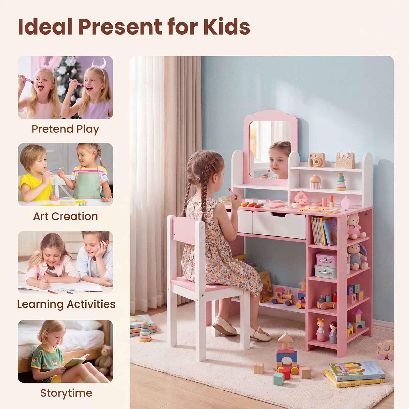 RELAX4LIFE Coiffeuse Enfant avec Miroir et Tabouret, Rangement Multiple