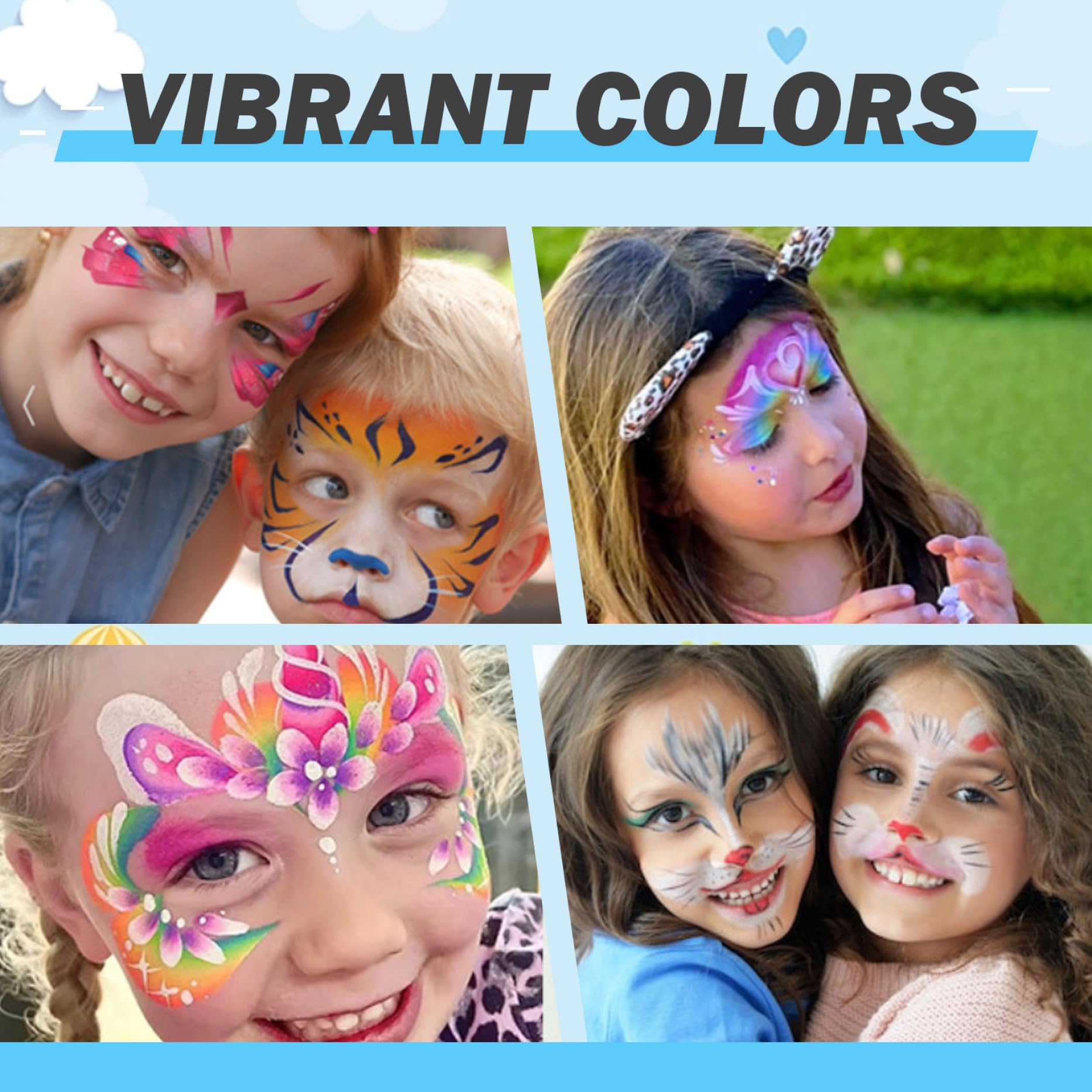 Kit de peinture faciale 12 palettes à gâteaux divisées kit de maquillage en face avec pochoirs Broussants Stickers arc-en-ciel non toxique peinture corps pour enfants pour enfants Halloween Car